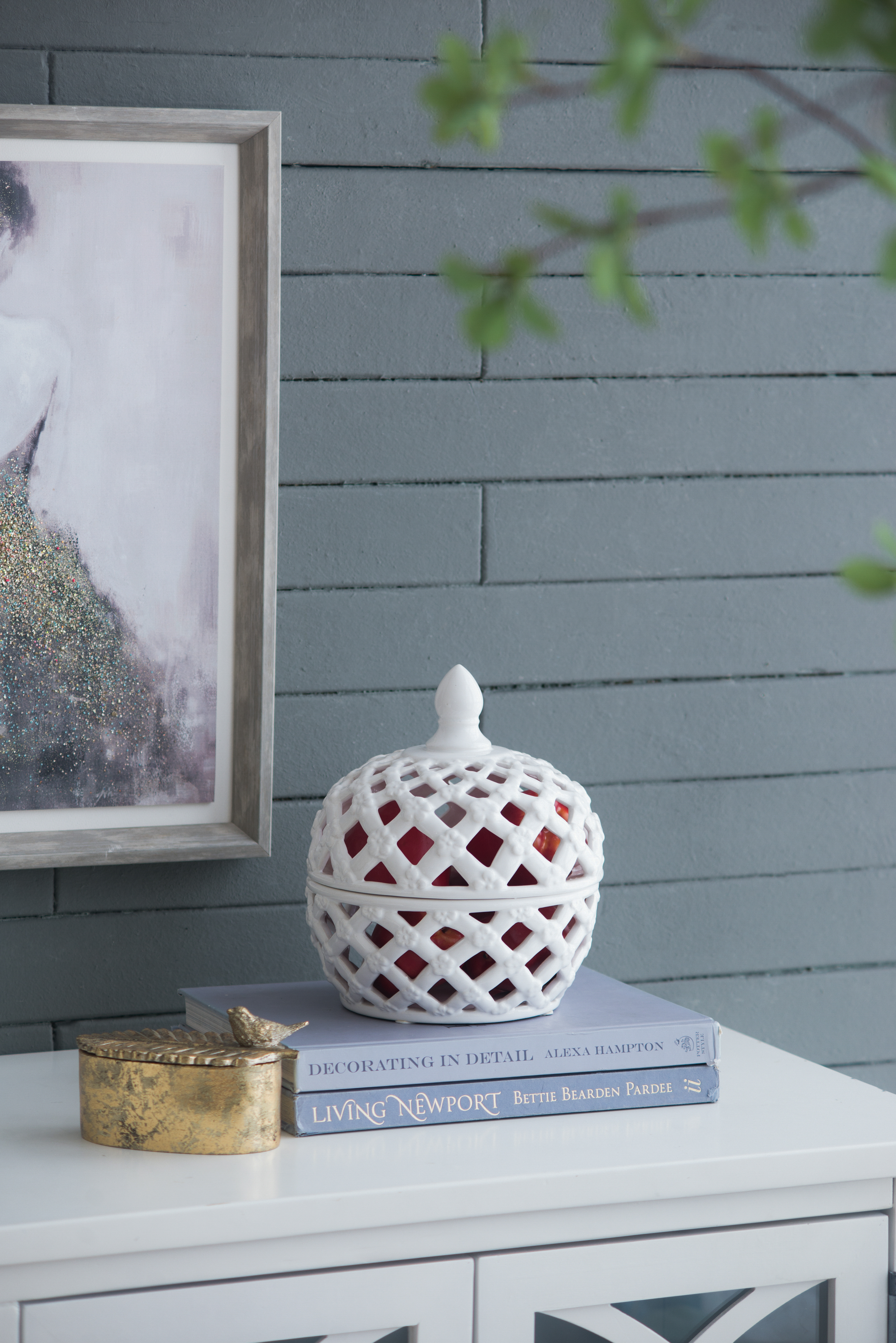 D8x9.5" White Ceramic Lidded Jar with Lattice Design