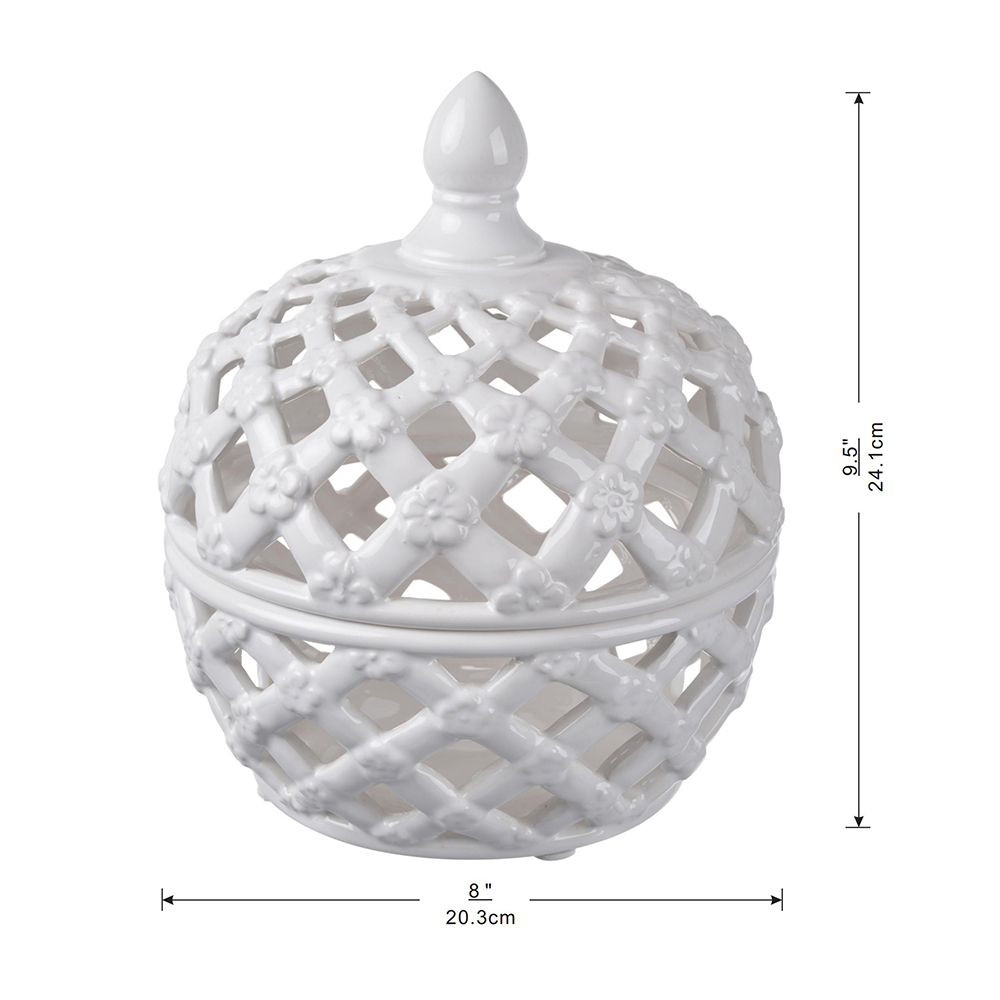 D8x9.5" White Ceramic Lidded Jar with Lattice Design