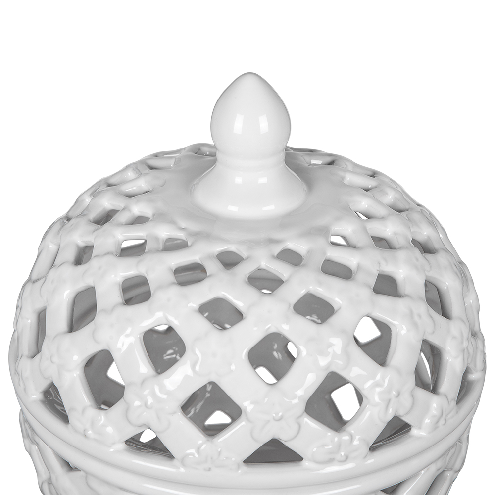 D8x9.5" White Ceramic Lidded Jar with Lattice Design