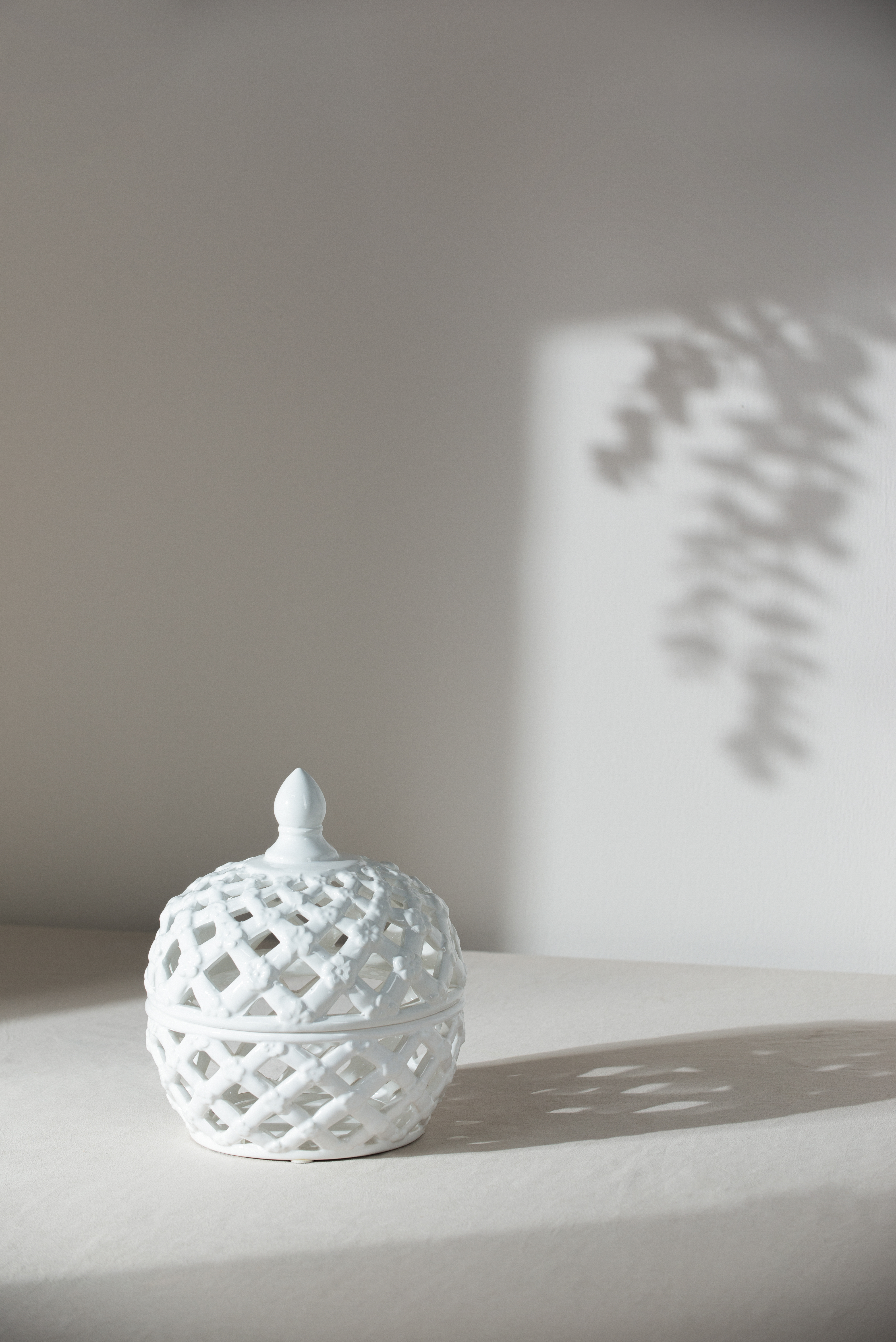 D8x9.5" White Ceramic Lidded Jar with Lattice Design