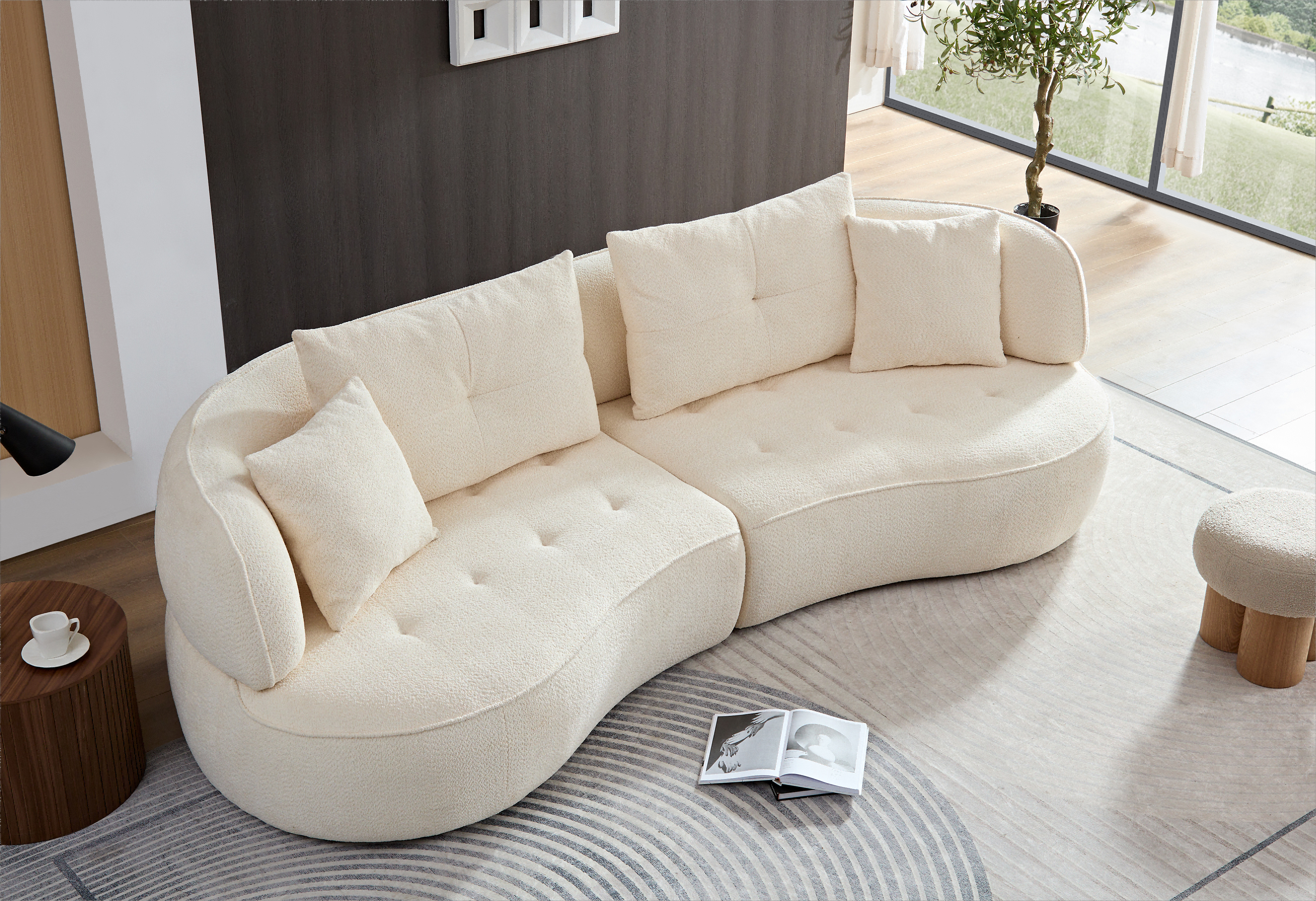 WKS7W  White sectional sofa with removable pillows, durable fabric, solid wood frame, high density sponge filler