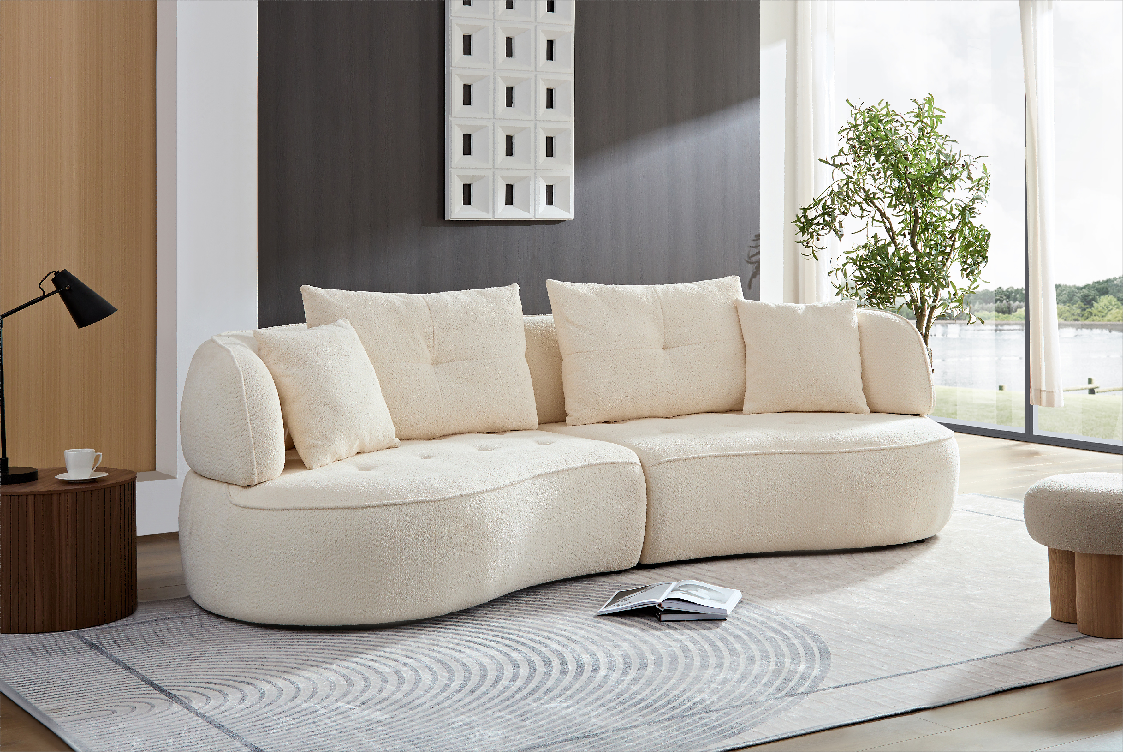 WKS7W  White sectional sofa with removable pillows, durable fabric, solid wood frame, high density sponge filler