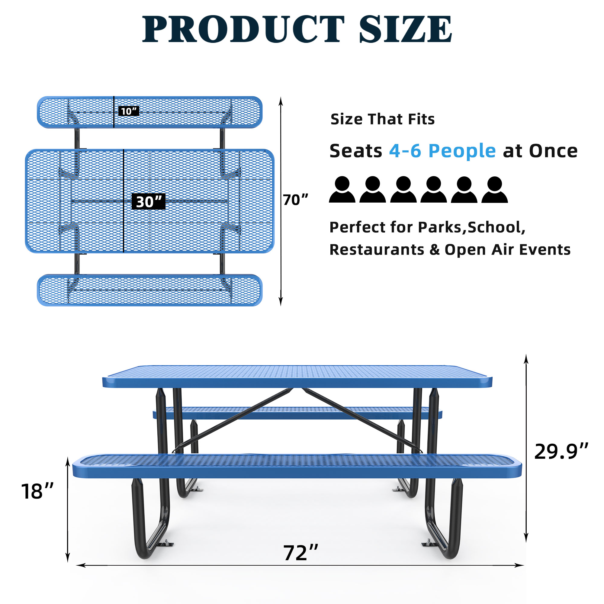 72" Expanded Metal Rectangular Picnic Table, Blue