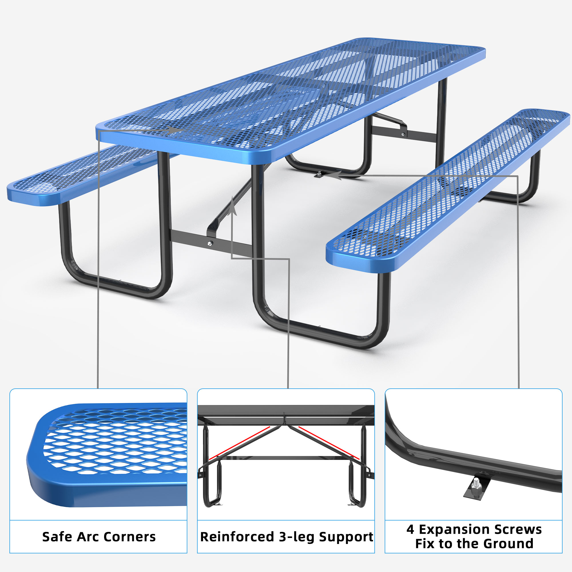 96" Expanded Metal Rectangular Picnic Table, Blue