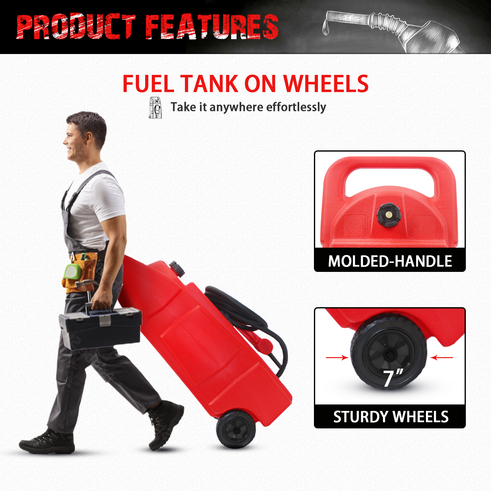 34 Gallon Gas Caddy With Wheels, Fuel Transfer Tank Gasoline Diesel Can,Fuel Storage Tank For Automobiles ATV Car Mowers Tractors Boat Motorcycle(Red)