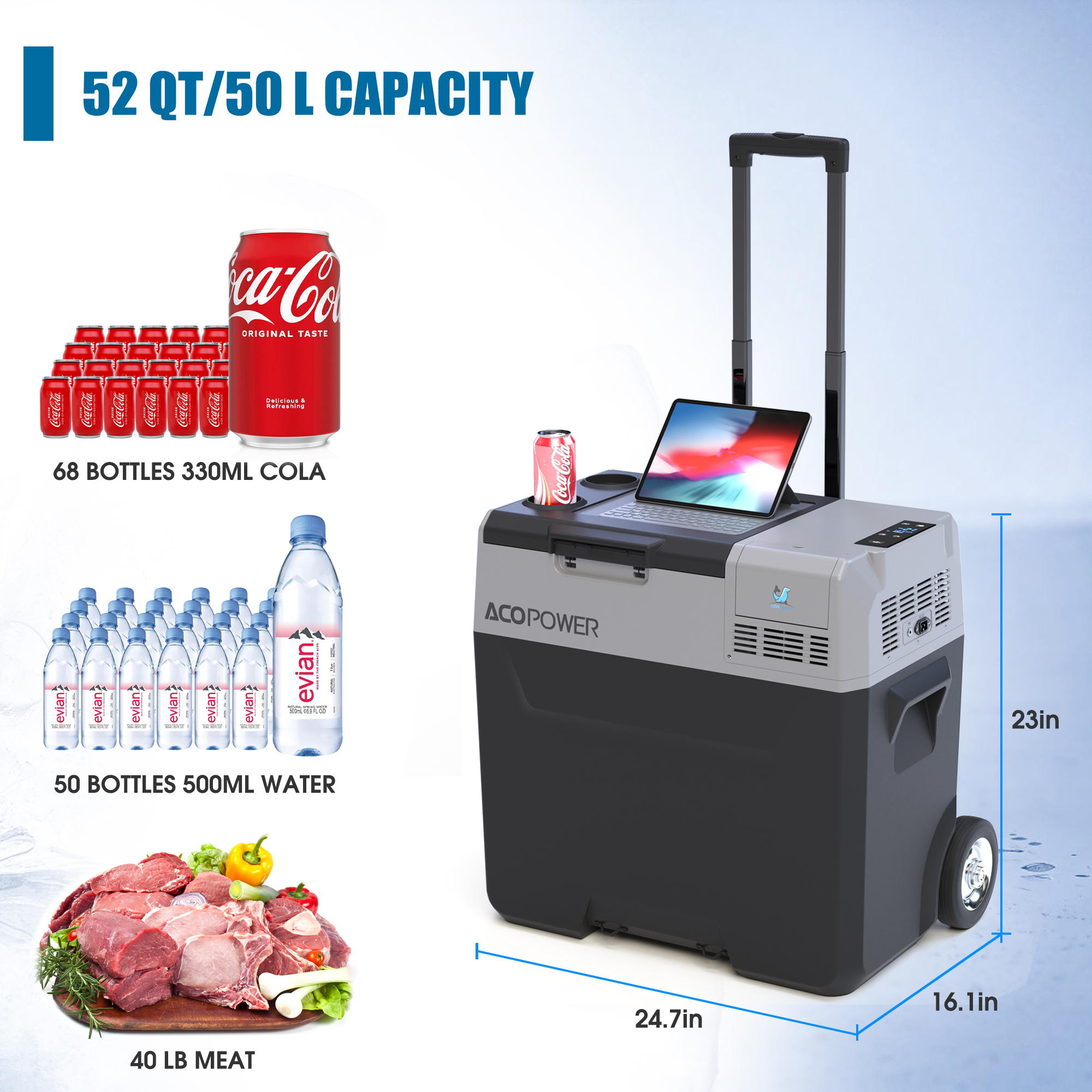 52Qt Car Freezer Portable Refrigerator with APP Control and 6'' off-road wheels, 12V,45W Cooler Freezer,Low Noice