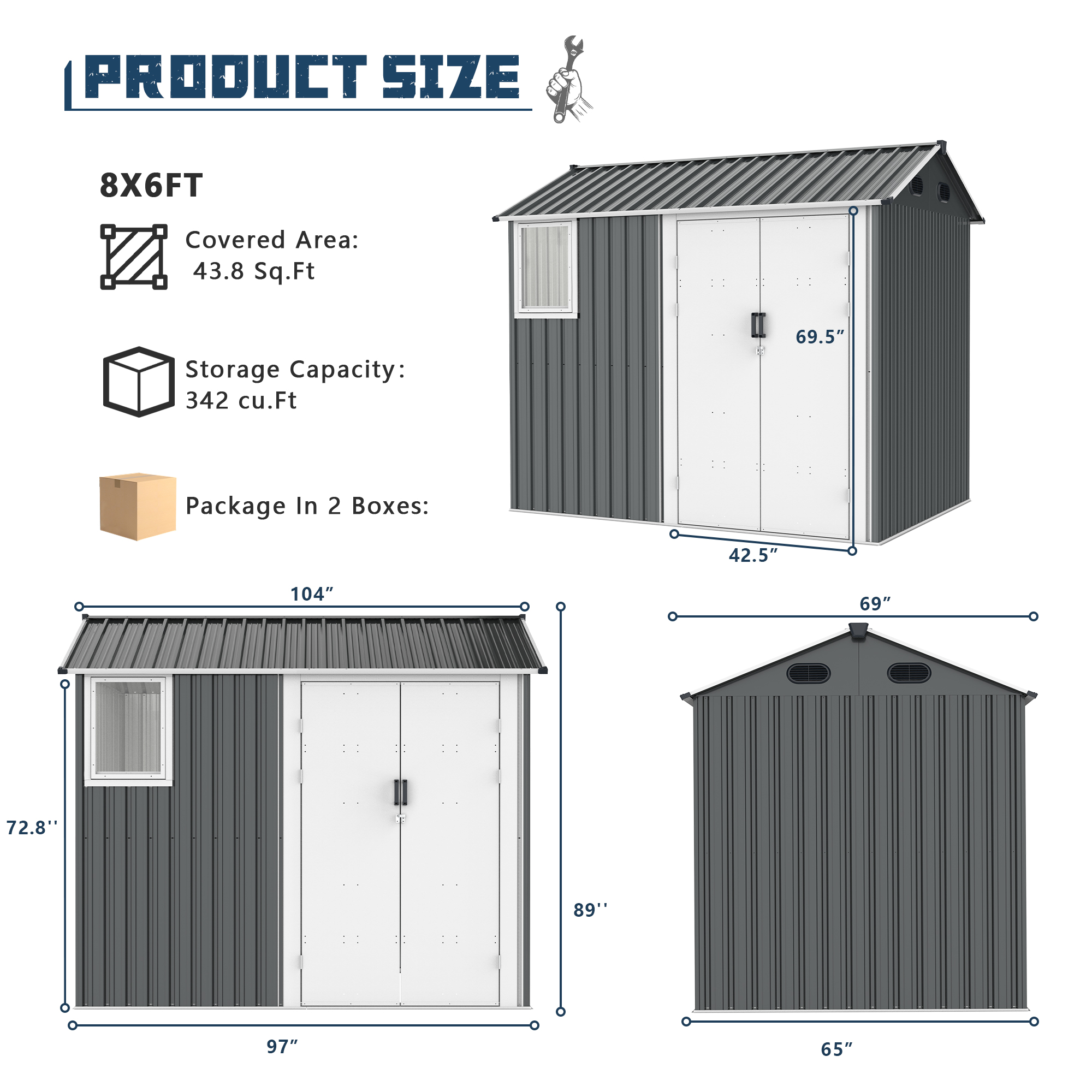 8x6 Ft Metal Outdoor Storage Shed with Window, Floor Base, Air Vents and Double Hinged Door