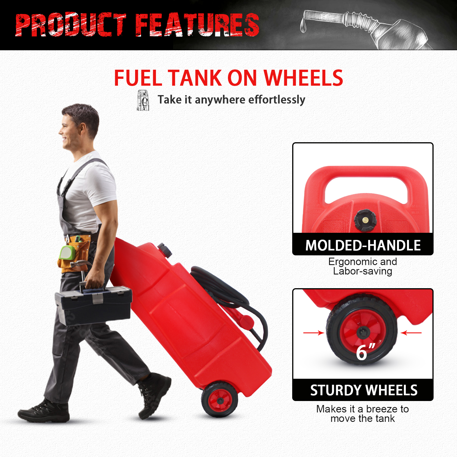 15 Gallon/57 L Gas Caddy With Wheels, Fuel Transfer Tank Gasoline Diesel Can,Fuel Storage Tank For Automobiles ATV Car Mowers Tractors Boat Motorcycle(Red)