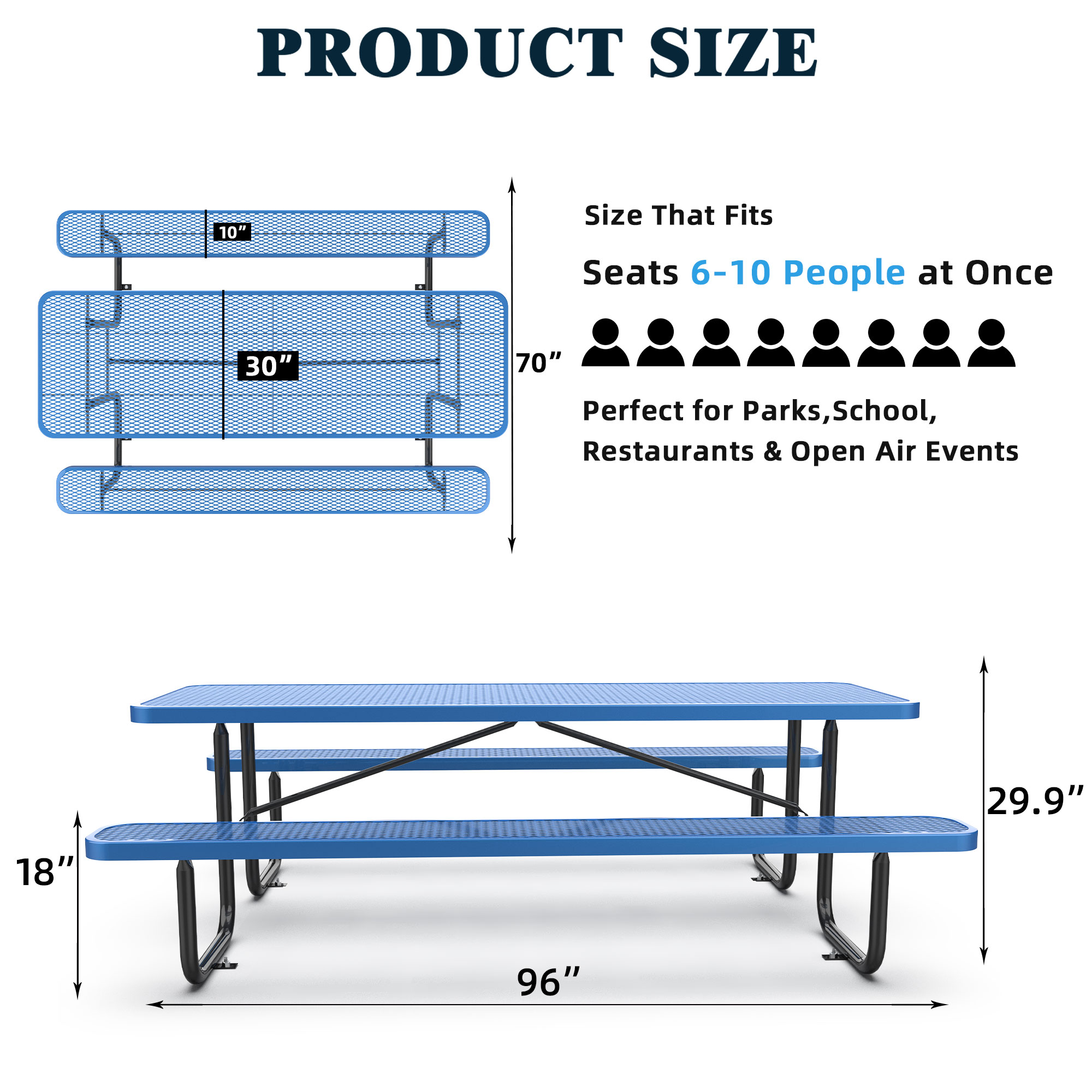 96" Expanded Metal Rectangular Picnic Table, Blue