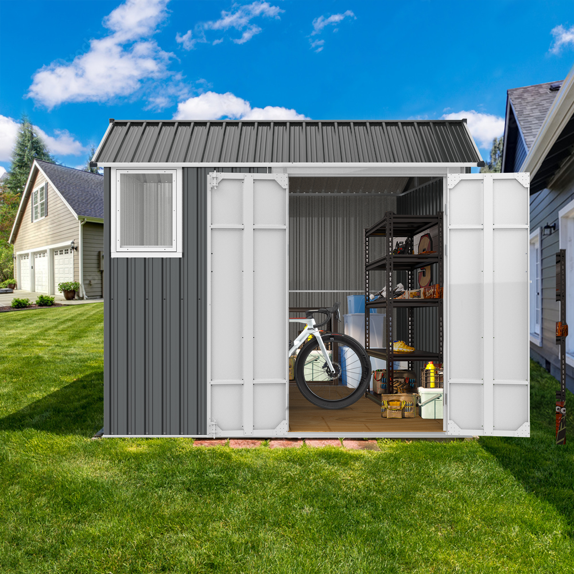 8x6 Ft Metal Outdoor Storage Shed with Window, Floor Base, Air Vents and Double Hinged Door