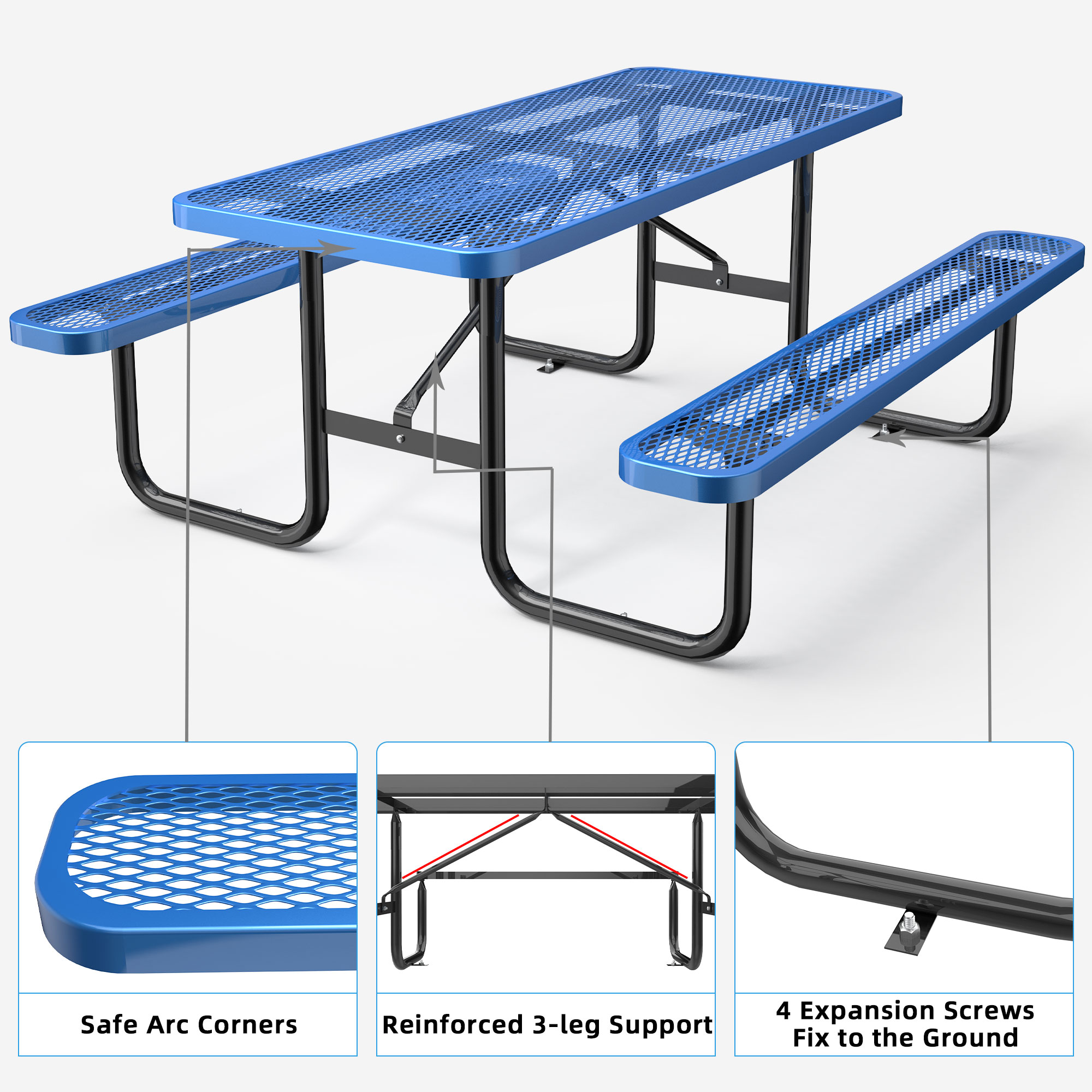 72" Expanded Metal Rectangular Picnic Table, Blue