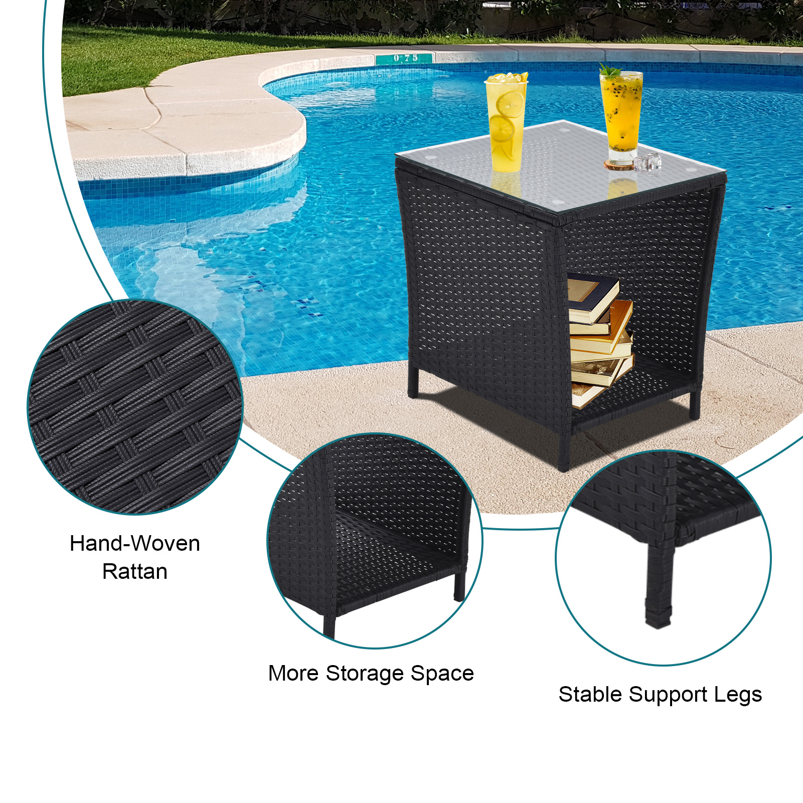 Outdoor Side Coffee Table with Storage Shelf,All Weather PE Rattan and Steel Frame,Patio Furniture Square,Bistro Table for Garden Porch,Backyard Pool Indoor (Black)