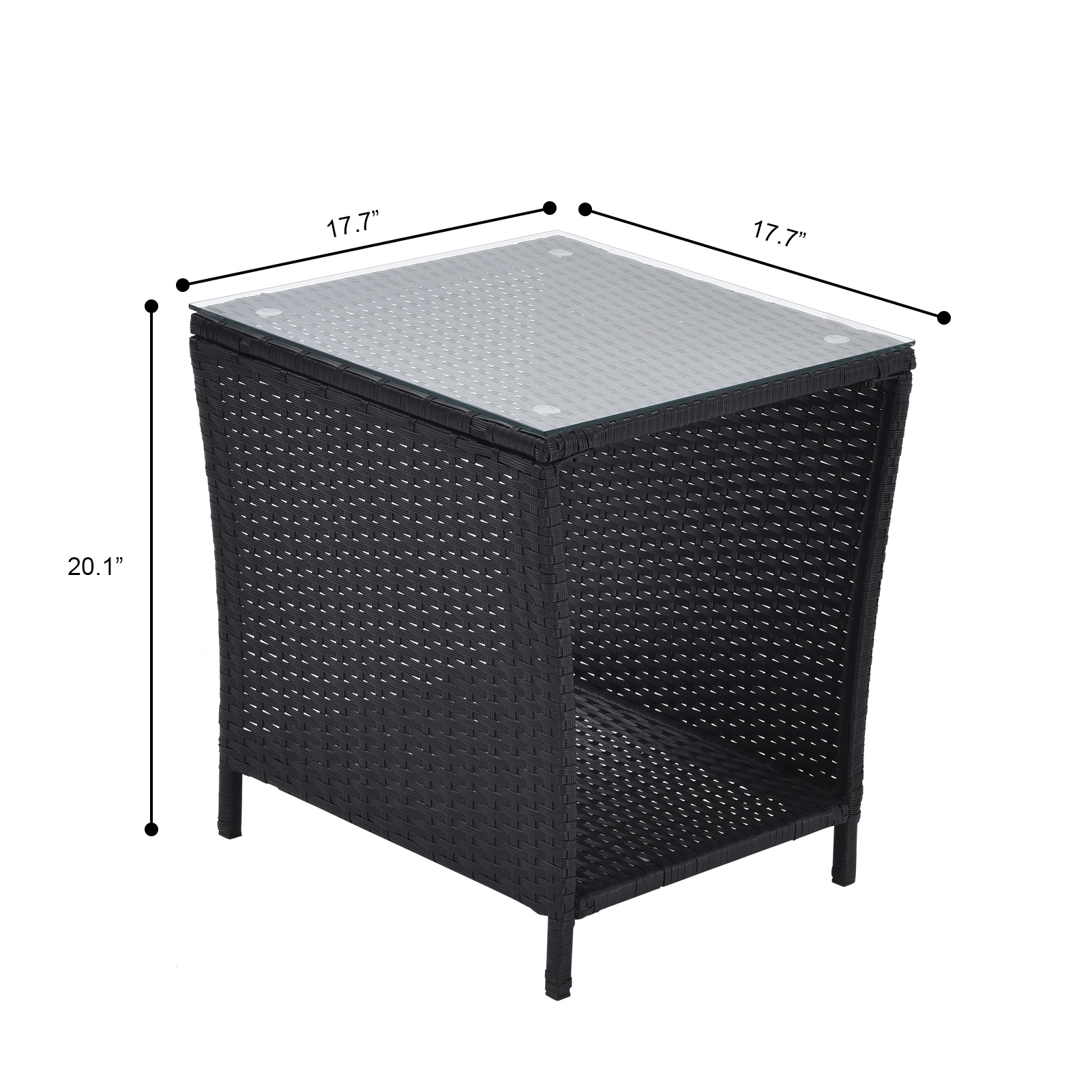 Outdoor Side Coffee Table with Storage Shelf,All Weather PE Rattan and Steel Frame,Patio Furniture Square,Bistro Table for Garden Porch,Backyard Pool Indoor (Black)