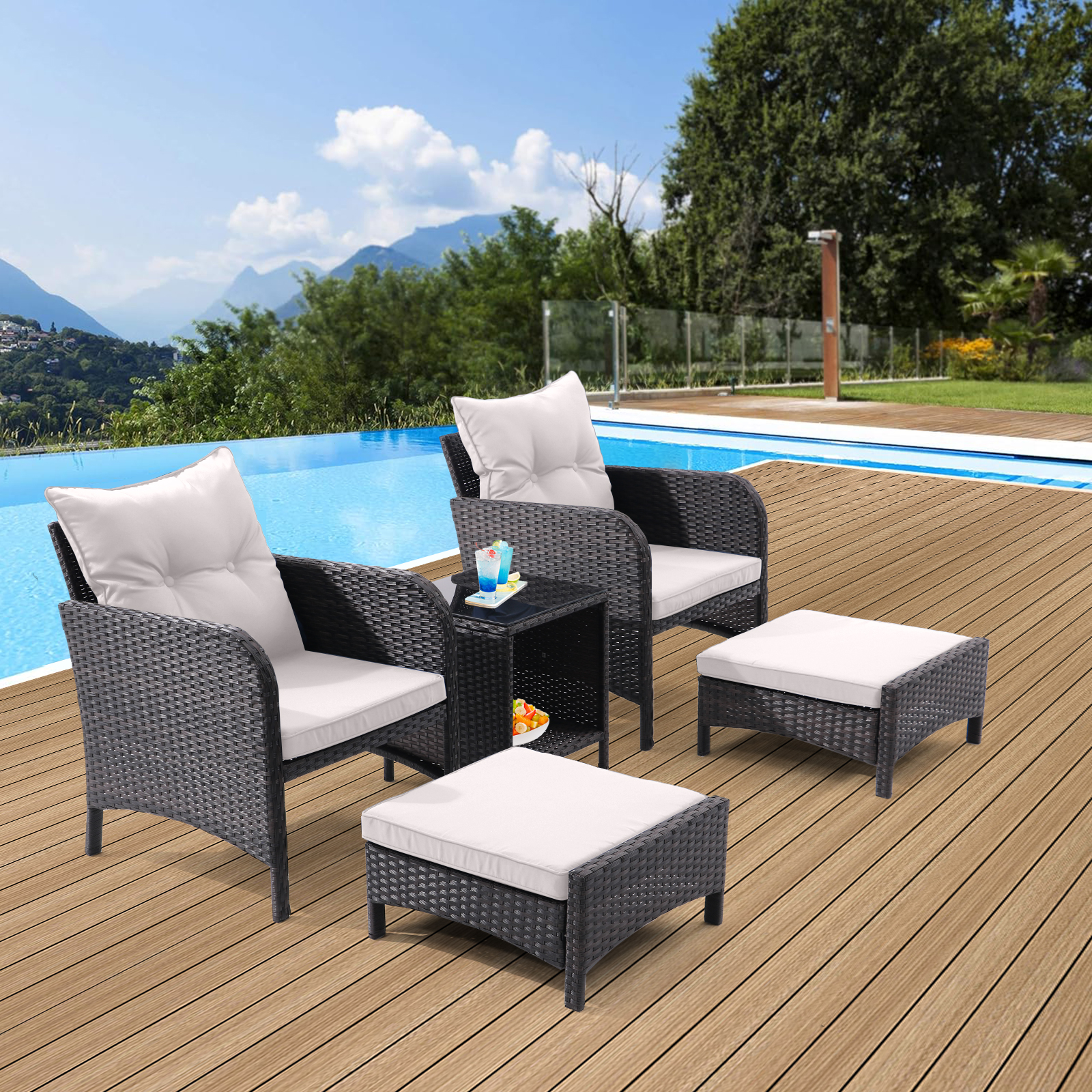 5 Piece Outdoor Patio Furniture Set,All Weather PE Rattan Conversation Chairs with Armrest and Removable Cushions,Ottomans and Storage Coffee Table for Poolside Garden Balcony Deck(Beige)