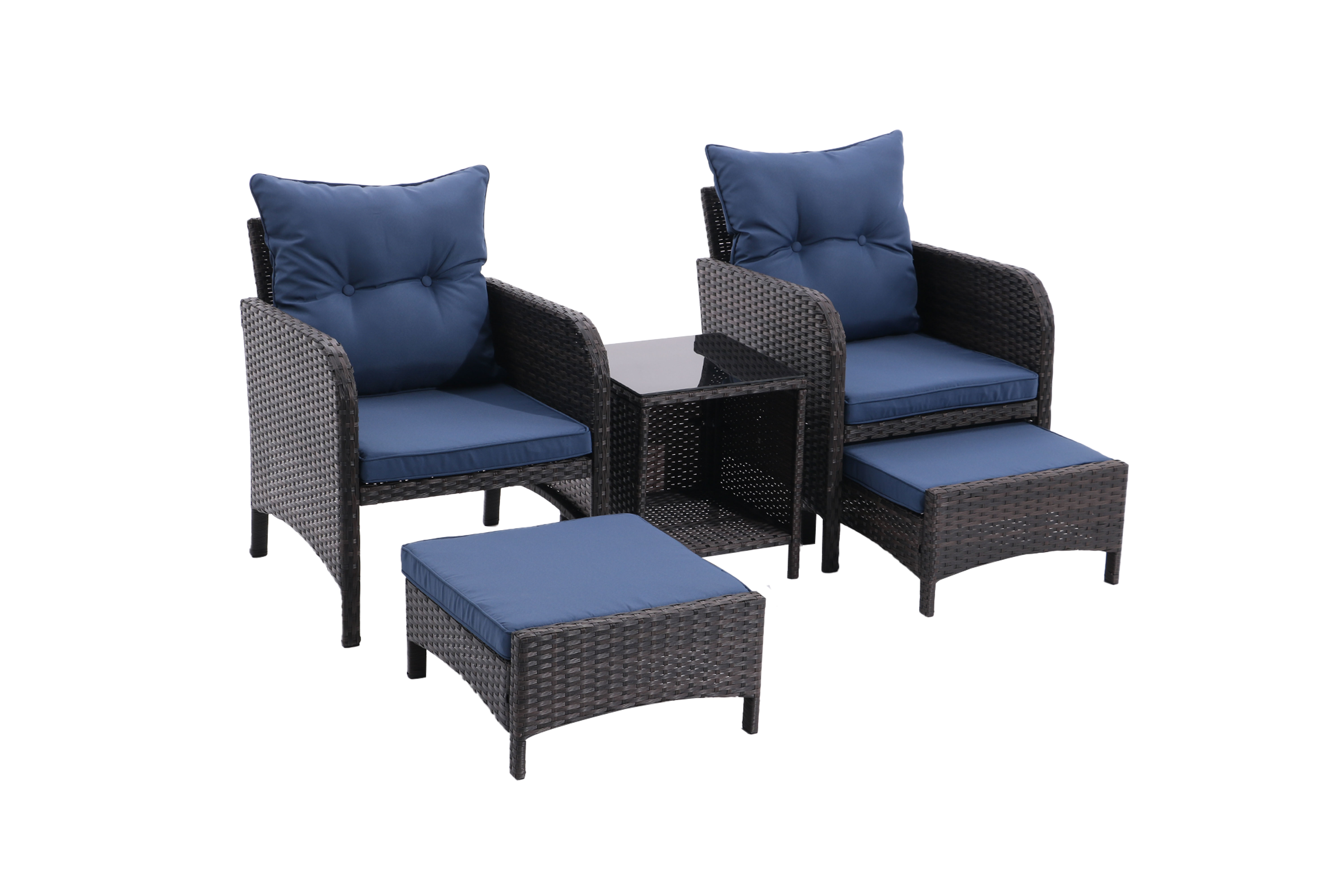 5 Piece Outdoor Patio Furniture Set,All Weather PE Rattan Conversation Chairs with Armrest and Removable Cushions,Ottomans and Storage Coffee Table for Poolside Garden Balcony Deck(Peacock Blue)