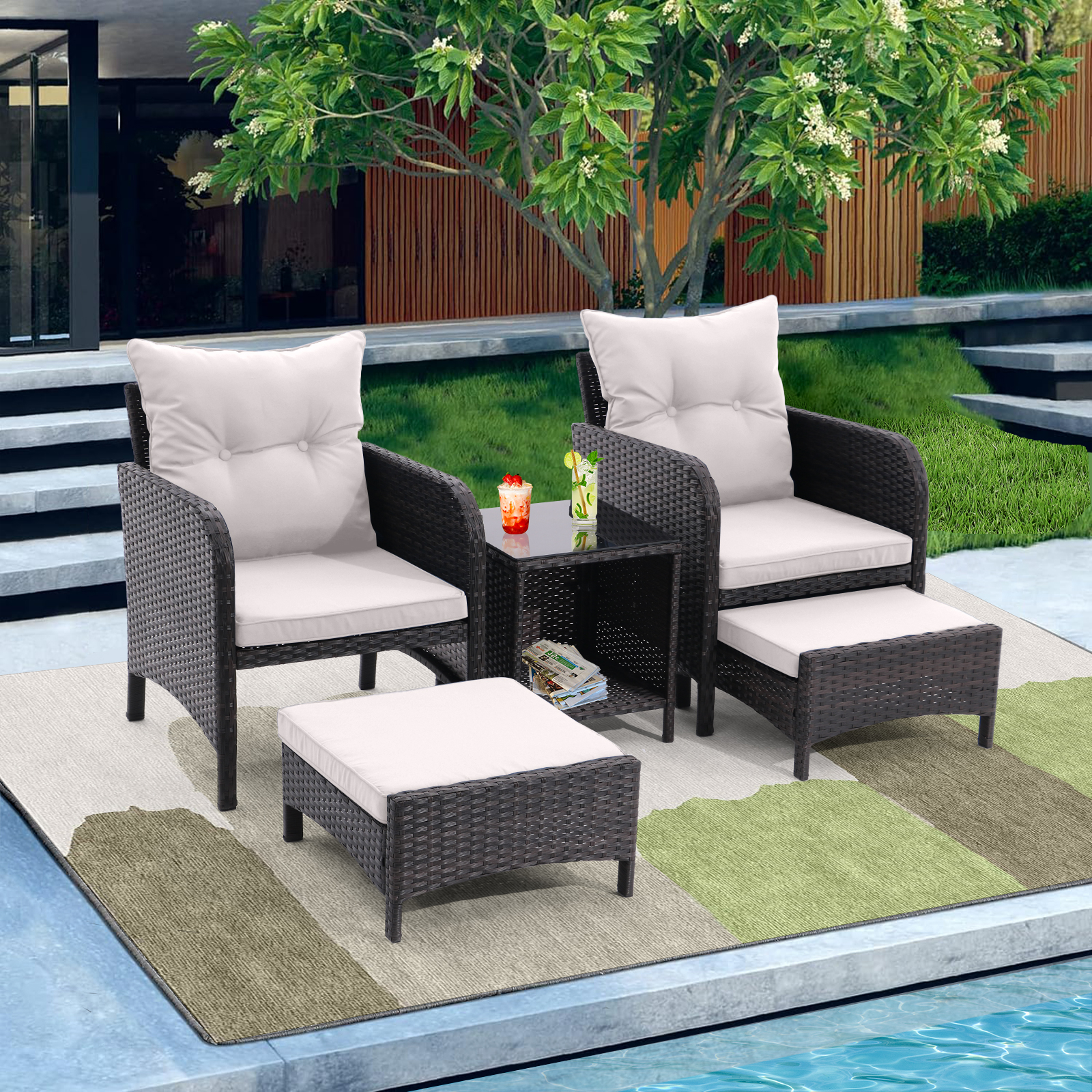 5 Piece Outdoor Patio Furniture Set,All Weather PE Rattan Conversation Chairs with Armrest and Removable Cushions,Ottomans and Storage Coffee Table for Poolside Garden Balcony Deck(Beige)