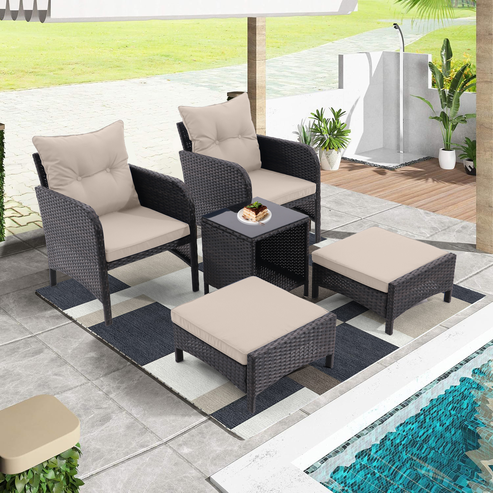 5 Piece Outdoor Patio Furniture Set,All Weather PE Rattan Conversation Chairs with Armrest and Removable Cushions,Ottomans and Storage Coffee Table for Poolside Garden Balcony Deck(Dust Grey)