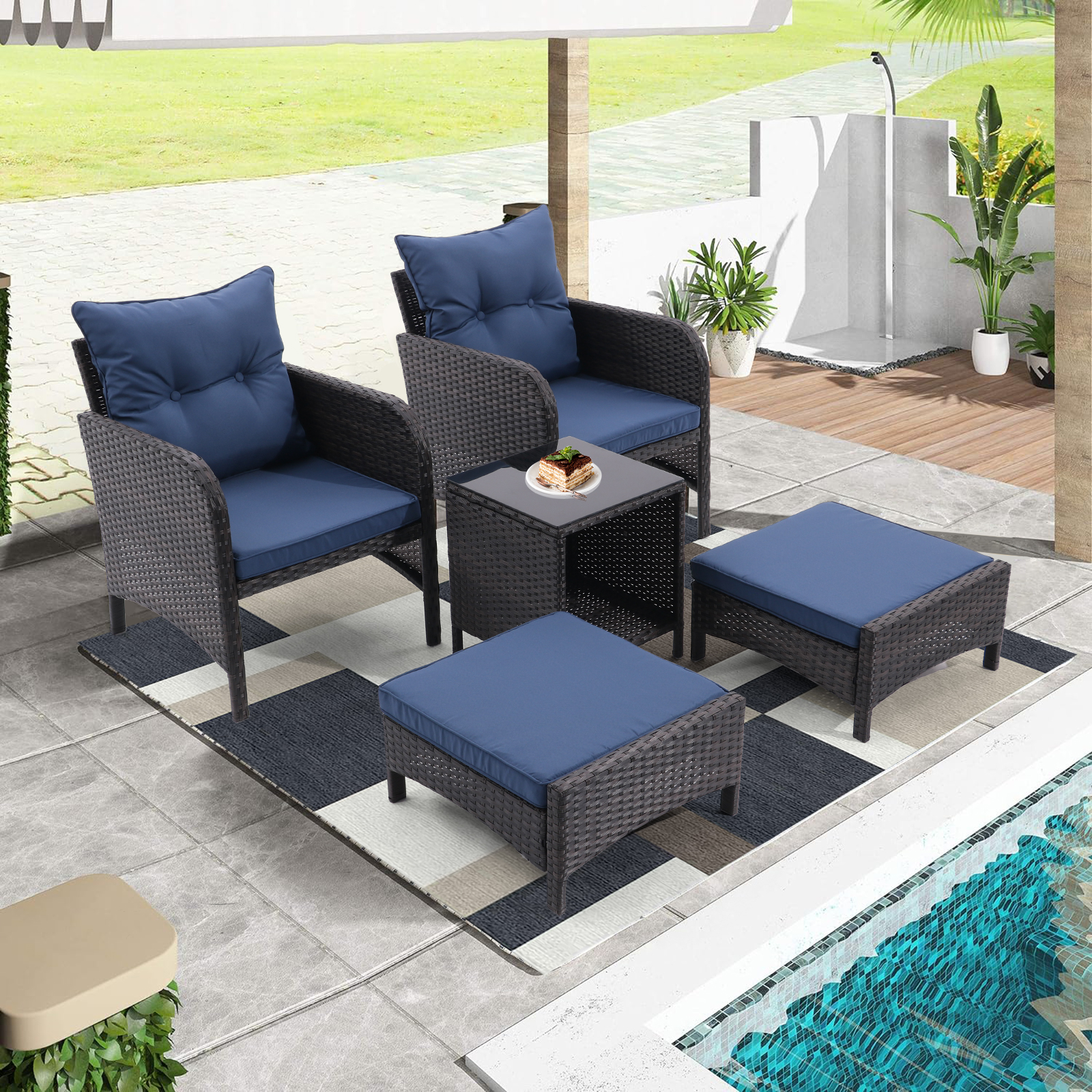 5 Piece Outdoor Patio Furniture Set,All Weather PE Rattan Conversation Chairs with Armrest and Removable Cushions,Ottomans and Storage Coffee Table for Poolside Garden Balcony Deck(Peacock Blue)