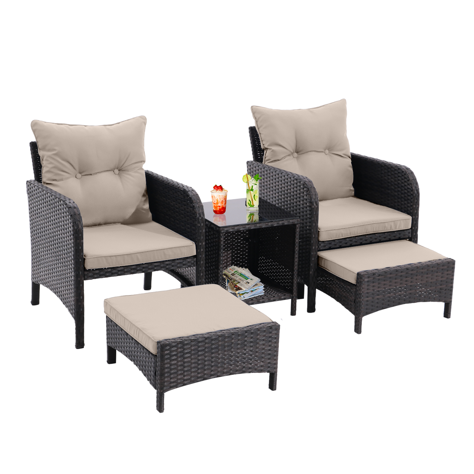 5 Piece Outdoor Patio Furniture Set,All Weather PE Rattan Conversation Chairs with Armrest and Removable Cushions,Ottomans and Storage Coffee Table for Poolside Garden Balcony Deck(Dust Grey)