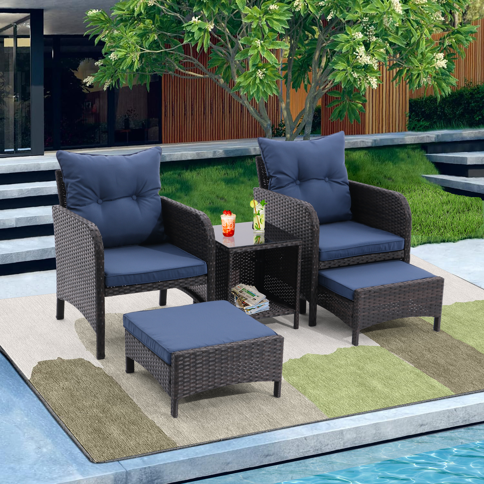 5 Piece Outdoor Patio Furniture Set,All Weather PE Rattan Conversation Chairs with Armrest and Removable Cushions,Ottomans and Storage Coffee Table for Poolside Garden Balcony Deck(Peacock Blue)