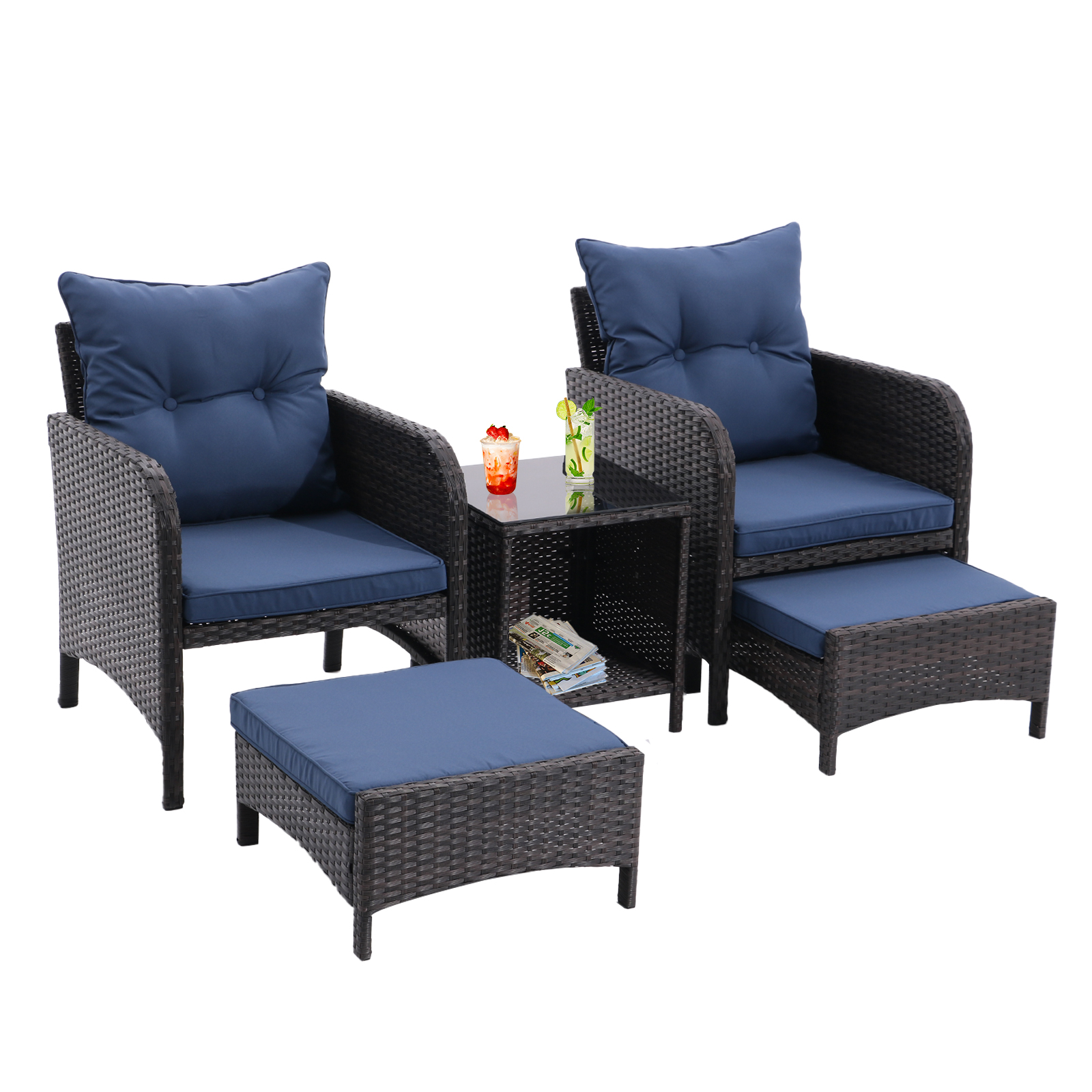 5 Piece Outdoor Patio Furniture Set,All Weather PE Rattan Conversation Chairs with Armrest and Removable Cushions,Ottomans and Storage Coffee Table for Poolside Garden Balcony Deck(Peacock Blue)