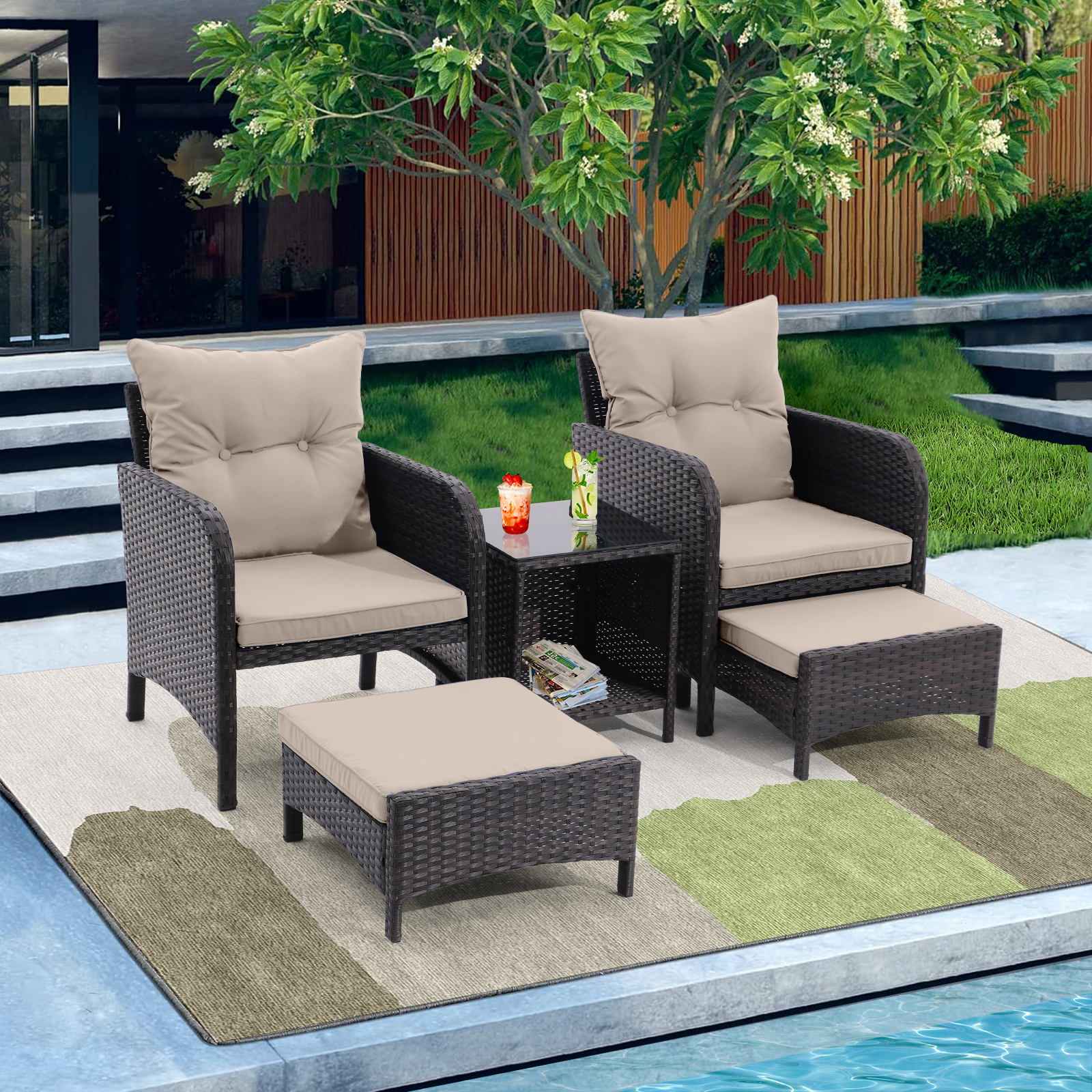 5 Piece Outdoor Patio Furniture Set,All Weather PE Rattan Conversation Chairs with Armrest and Removable Cushions,Ottomans and Storage Coffee Table for Poolside Garden Balcony Deck(Dust Grey)