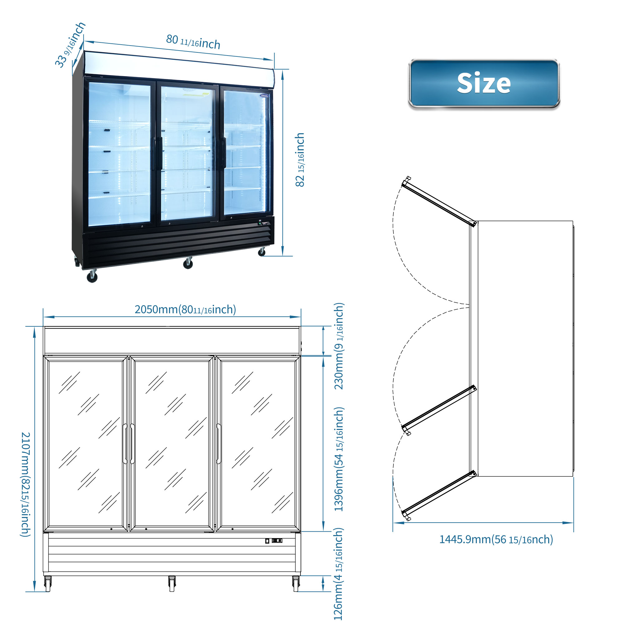 ORIKOOL Glass Door Merchandiser Refrigerator 70 Cu.ft Swing Door Commercial Display Refrigerators Merchandising Refrigeration with LED Top Panel