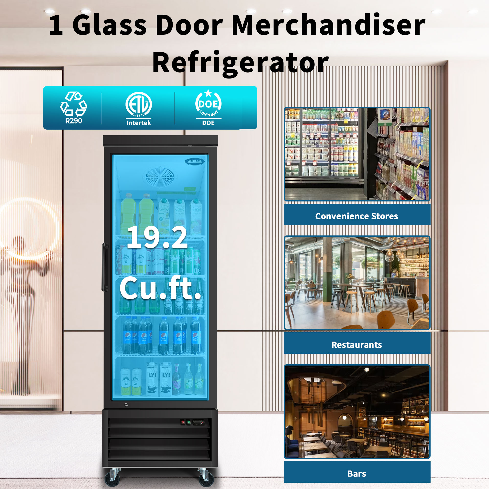 ORIKOOL Glass Door Merchandiser Refrigerator 19.2 Cu.ft Swing Door Commercial Display Refrigerators Merchandising Refrigeration with LED Top Panel