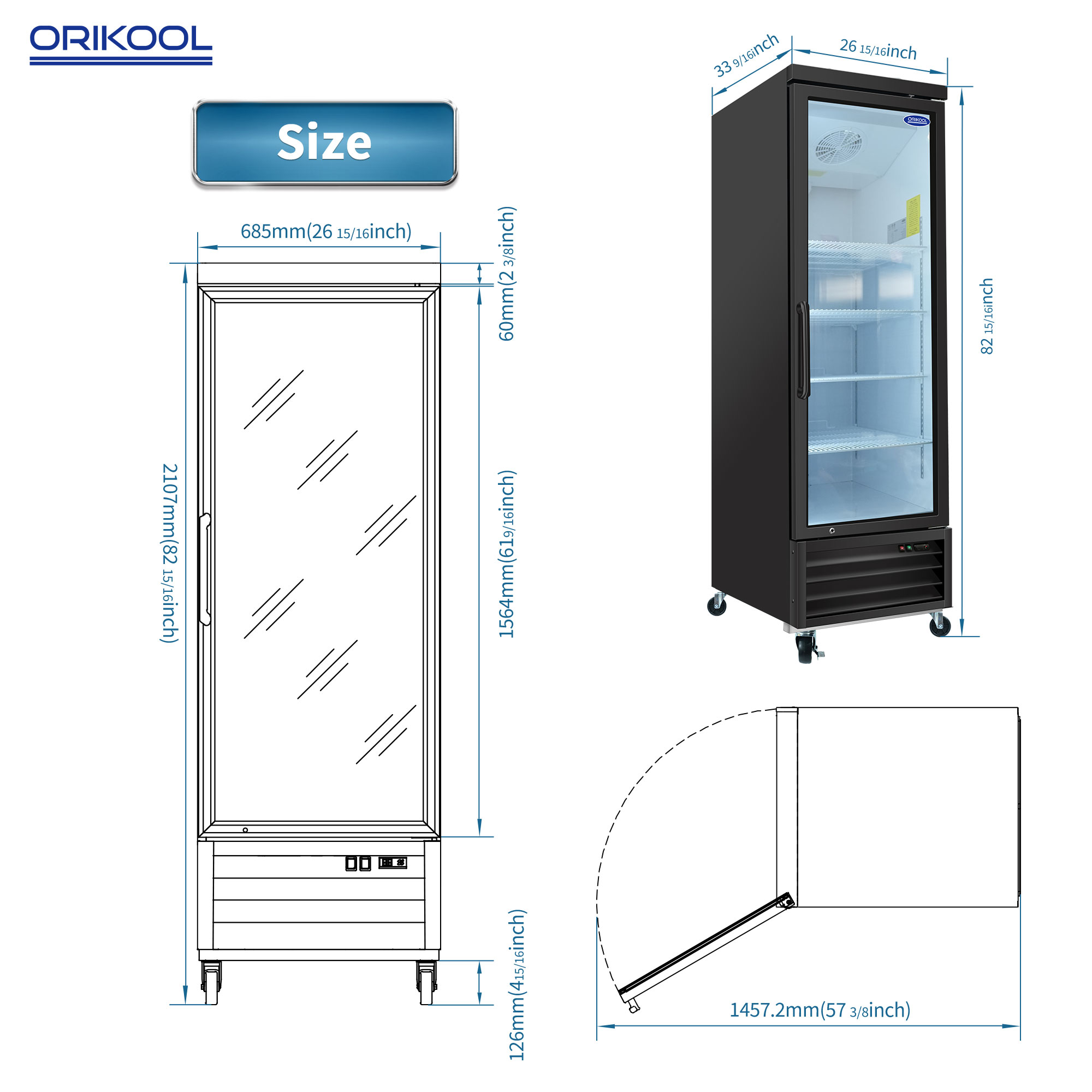 ORIKOOL Glass Door Merchandiser Refrigerator 19.2 Cu.ft Swing Door Commercial Display Refrigerators Merchandising Refrigeration with LED Top Panel