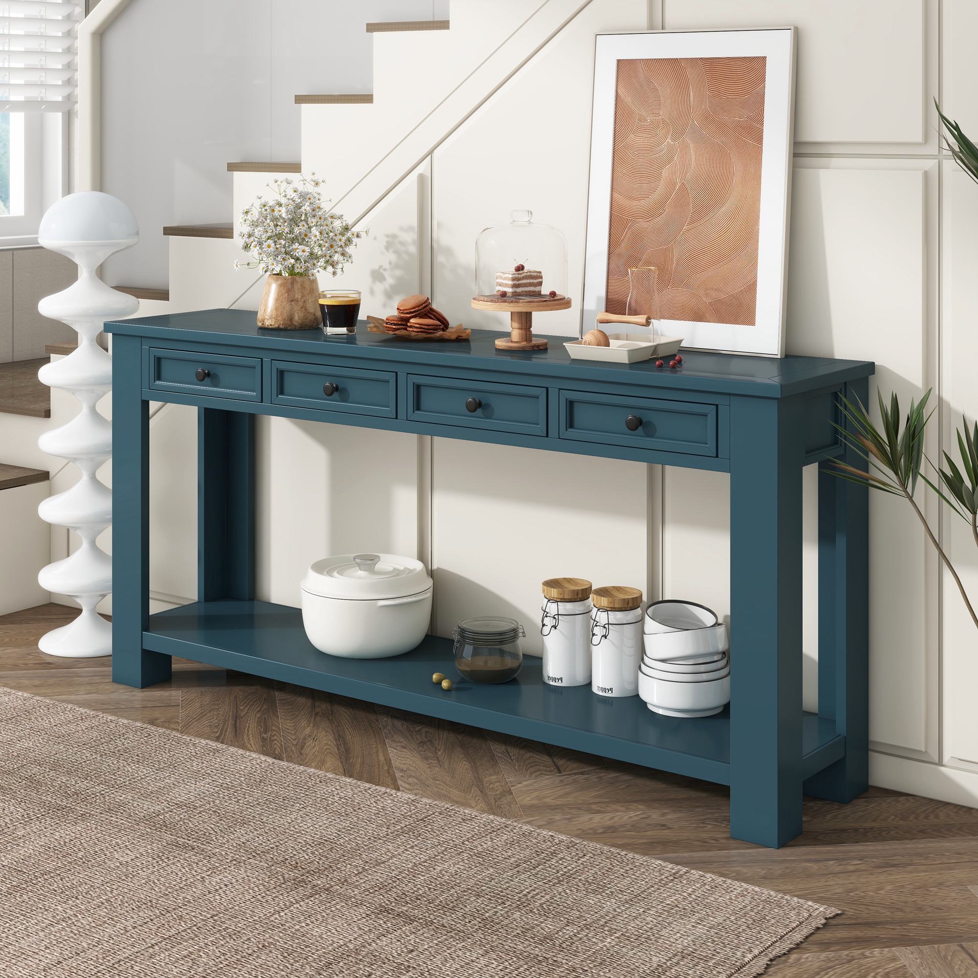 TREXM Console Table/Sofa Table with Storage Drawers and Bottom Shelf for Entryway Hallway(Dark Blue)