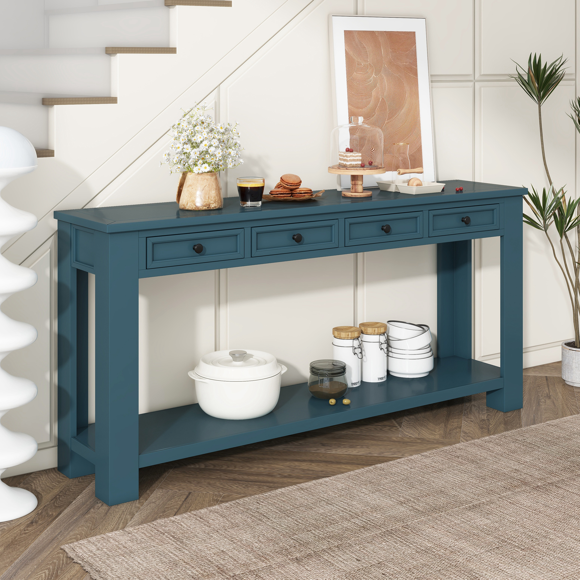 TREXM Console Table/Sofa Table with Storage Drawers and Bottom Shelf for Entryway Hallway(Dark Blue)