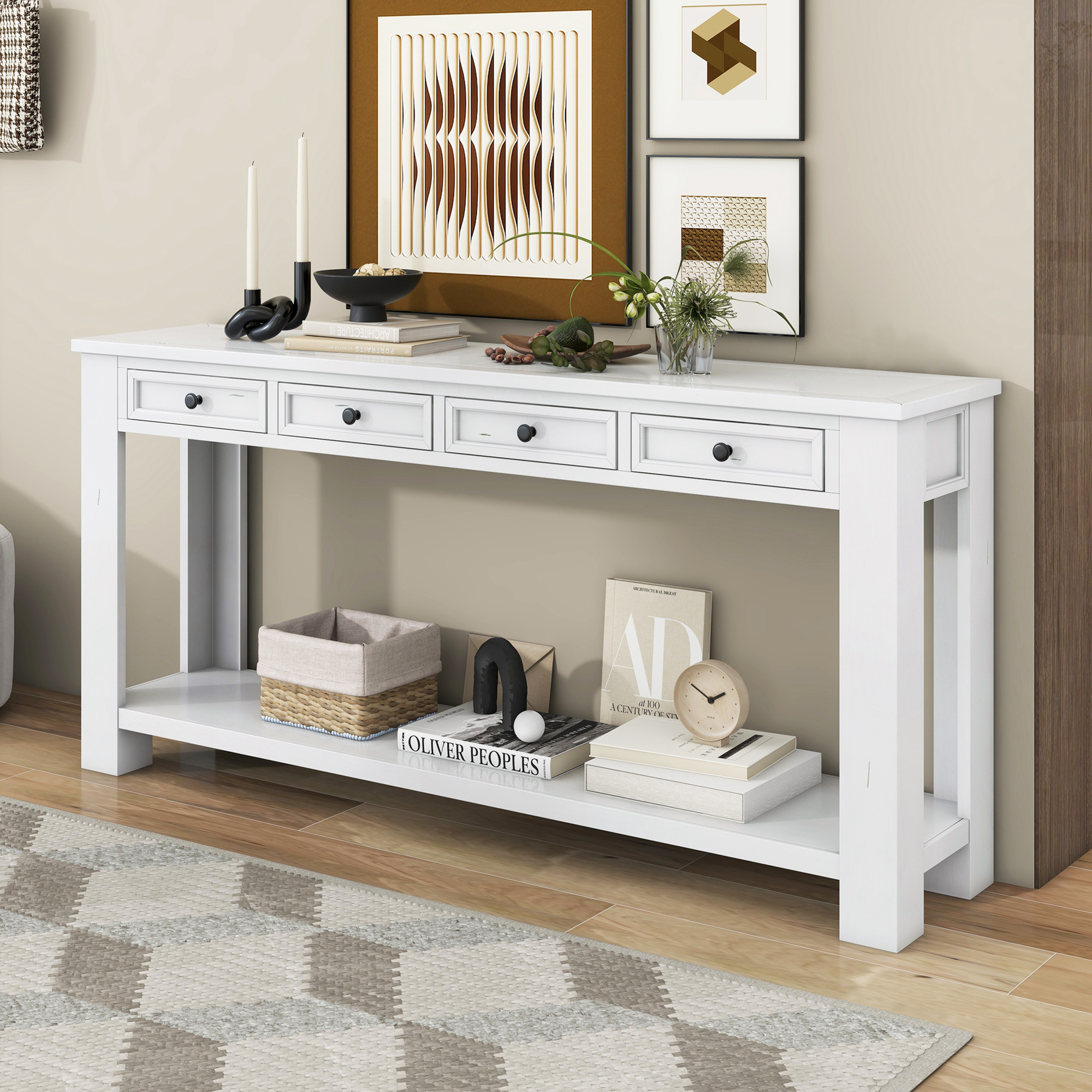 TREXM Console Table/Sofa Table with Storage Drawers and Bottom Shelf for Entryway Hallway(Antique White)