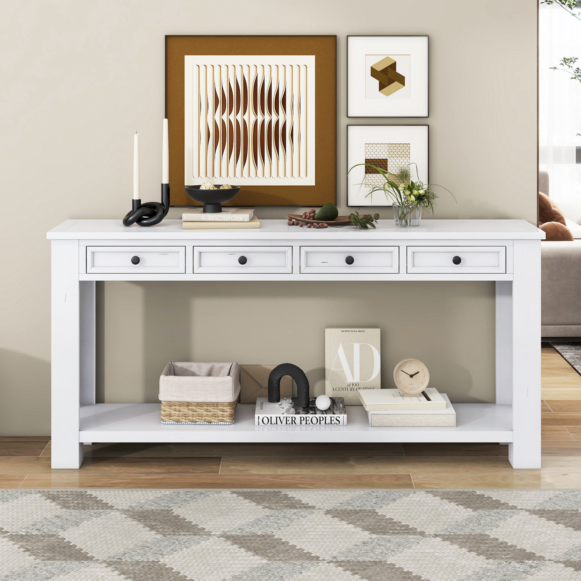 TREXM Console Table/Sofa Table with Storage Drawers and Bottom Shelf for Entryway Hallway(Antique White)