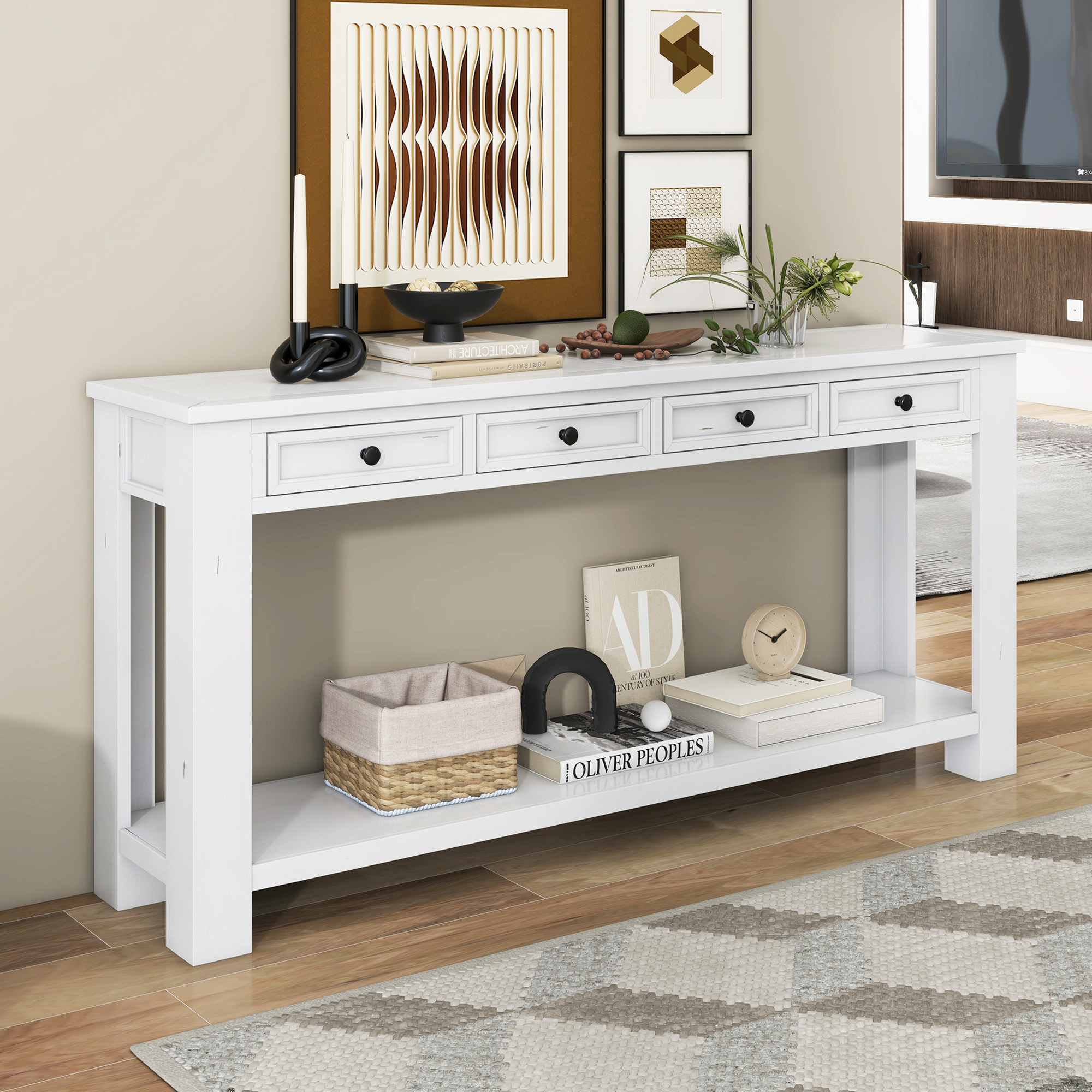 TREXM Console Table/Sofa Table with Storage Drawers and Bottom Shelf for Entryway Hallway(Antique White)