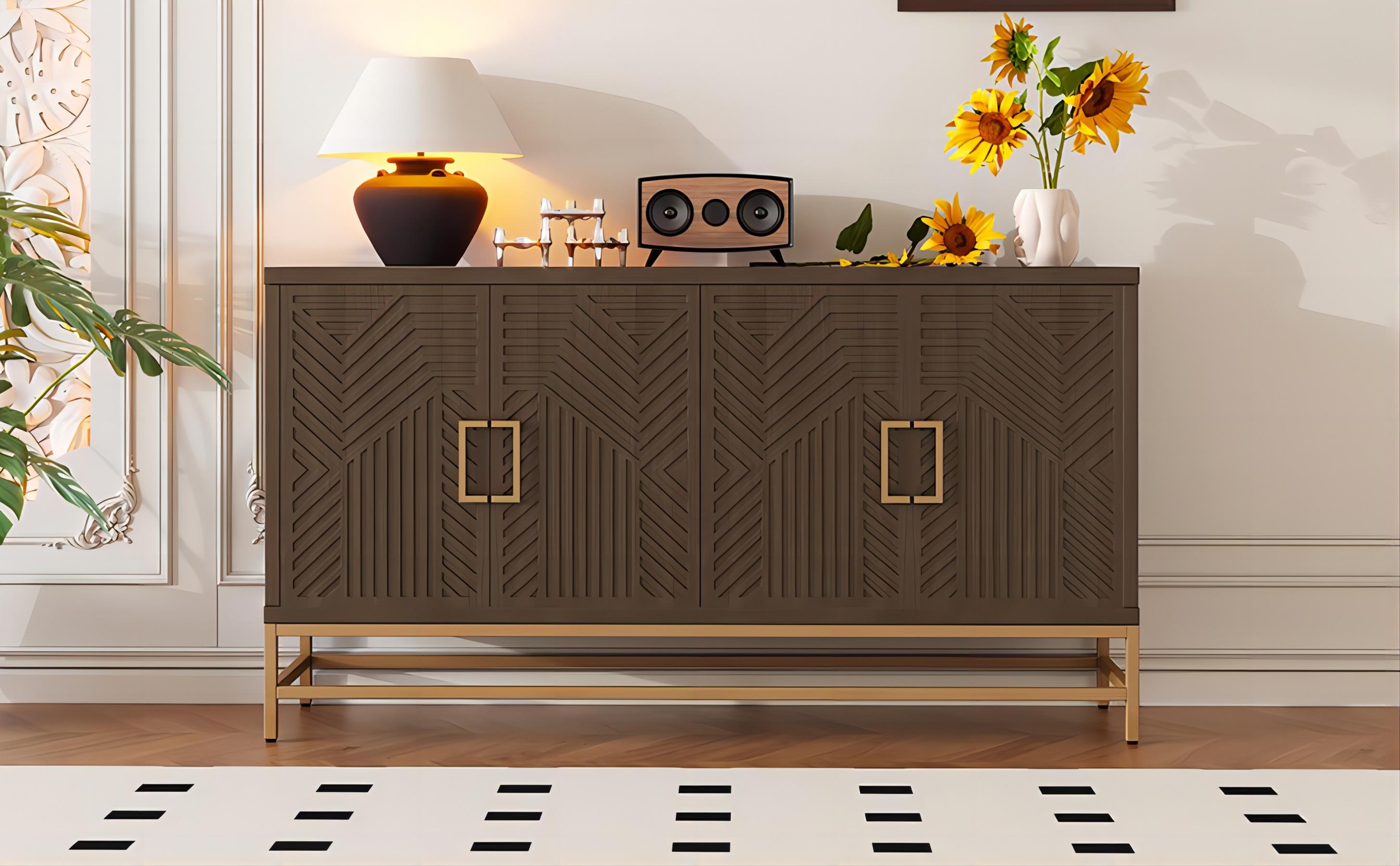 TREXM Retro Style Sideboard with Adjustable Shelves, Rectangular Metal Handles and Legs for  Kitchen, Living room, and Dining Room  (Espresso)