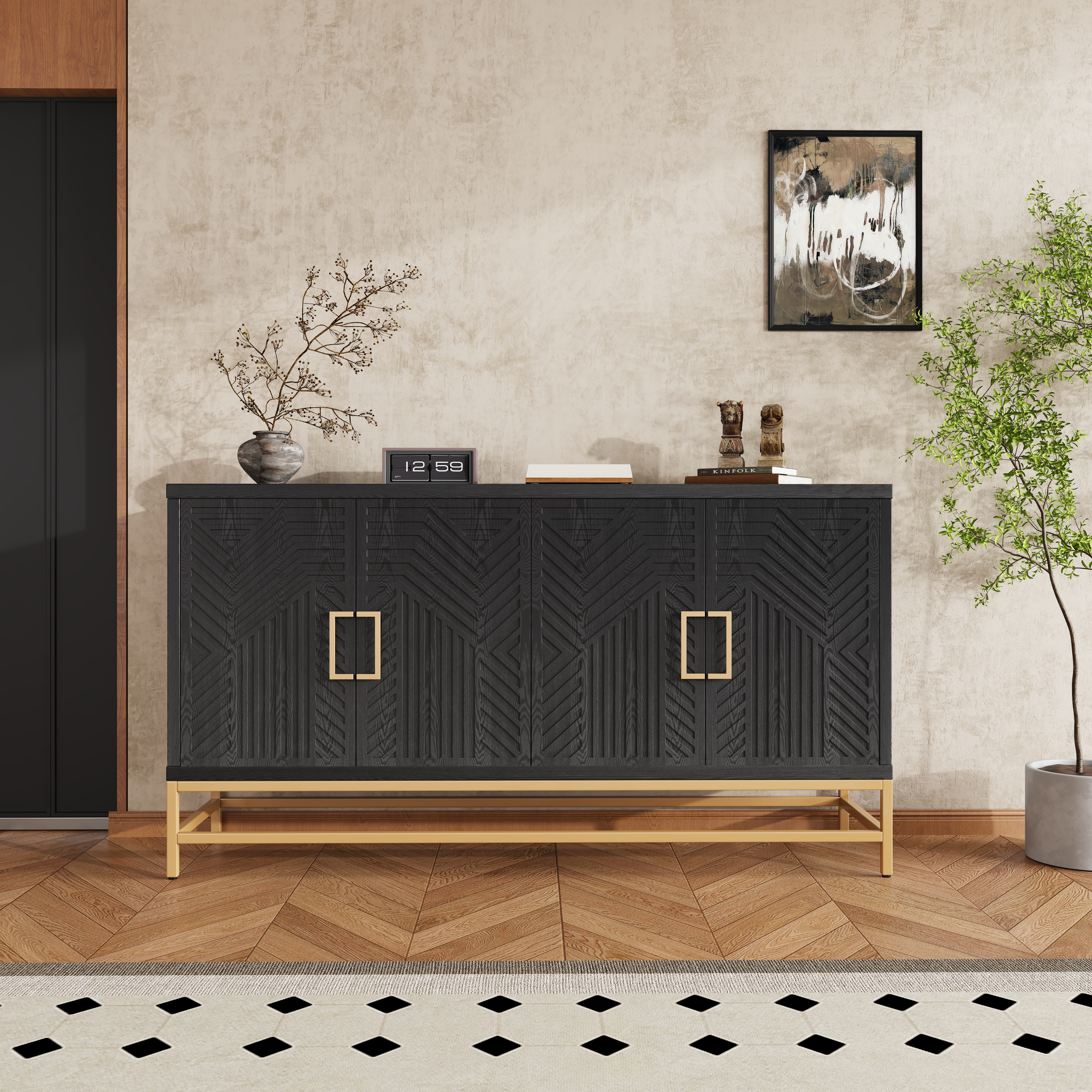 TREXM Retro Style Sideboard with Adjustable Shelves, Rectangular Metal Handles and Legs for  Kitchen, Living room, and Dining Room  (Black)