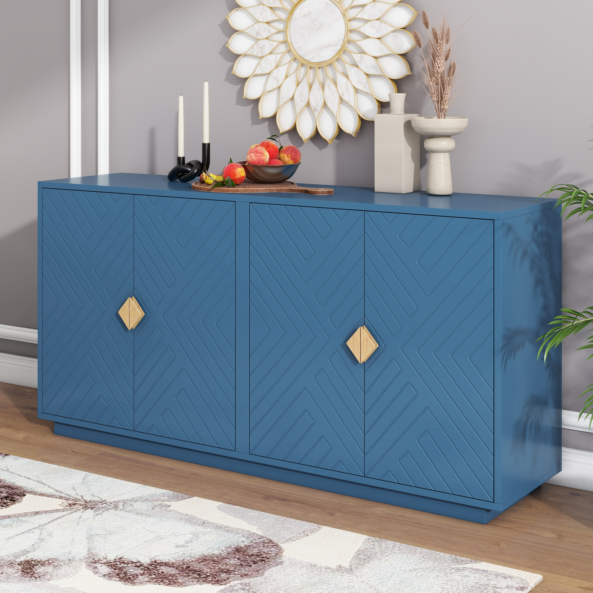 TREXM Modern Functional Large Storage Space Sideboard with Wooden Triangular Handles and Adjustable Shelves for Living Room and Dining Room (Navy Blue)