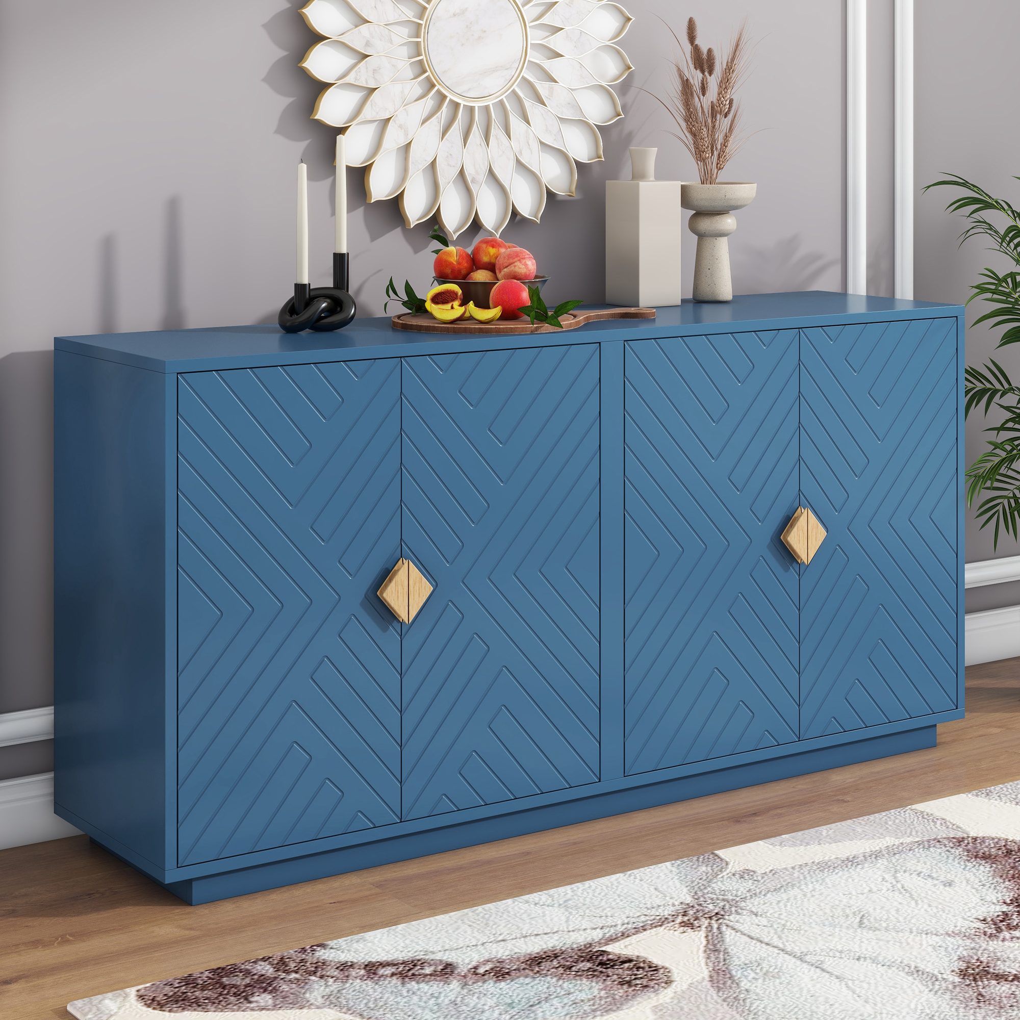 TREXM Modern Functional Large Storage Space Sideboard with Wooden Triangular Handles and Adjustable Shelves for Living Room and Dining Room (Navy Blue)