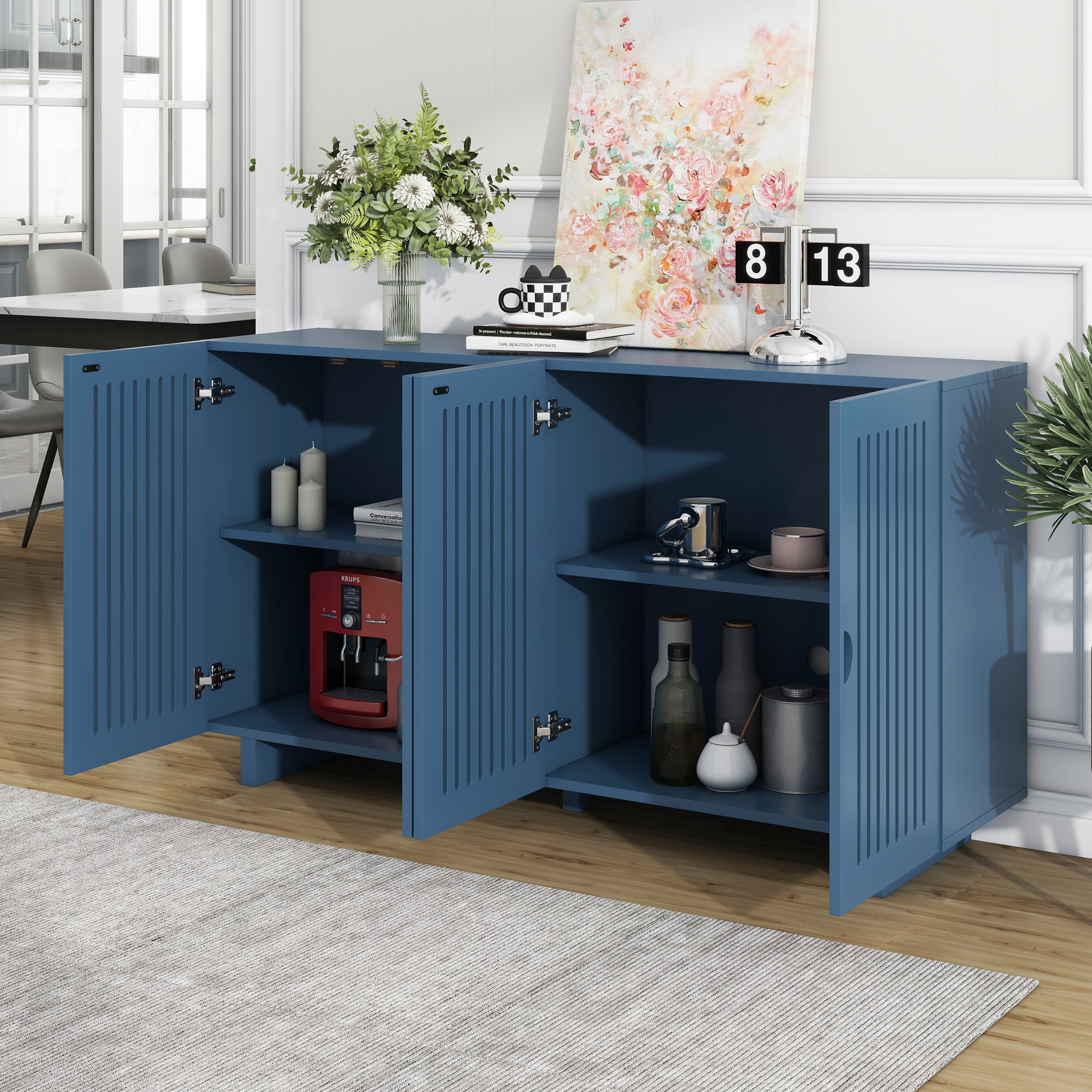 TREXM Modern Style Sideboard with Superior Storage Space, Hollow Door Design and 2 Adjustable Shelves for Living Room and Dining Room (Navy Blue)