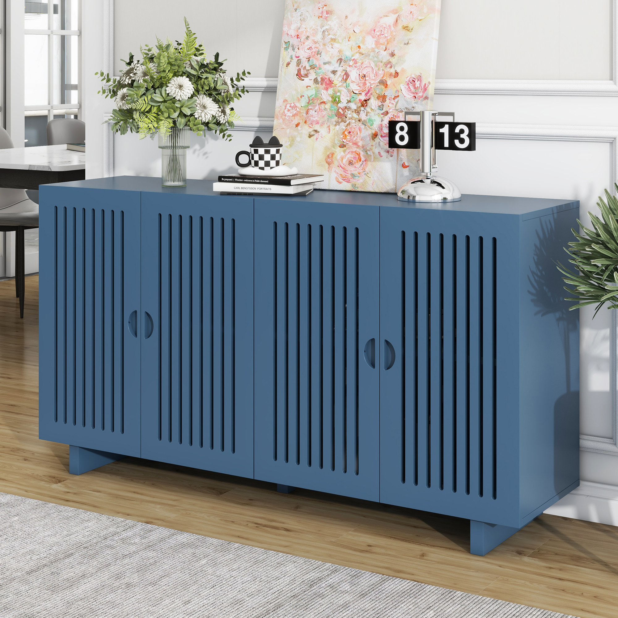 TREXM Modern Style Sideboard with Superior Storage Space, Hollow Door Design and 2 Adjustable Shelves for Living Room and Dining Room (Navy Blue)