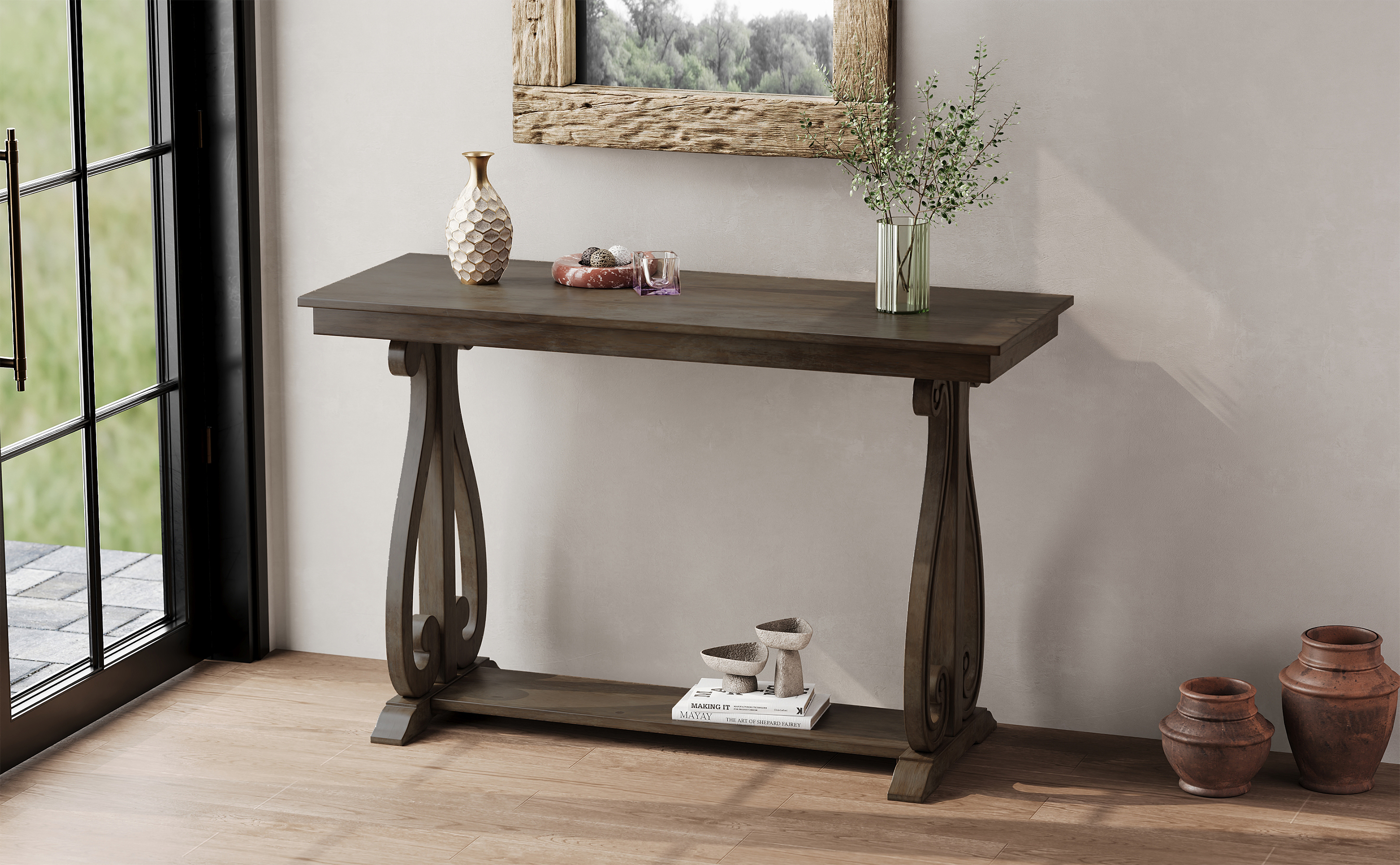 TREXM 48-Inch Rustic Vintage Console Table --- Farmhouse Style Entryway Table with Open Shelf and Sturdy Construction for Entryway and Living Room (Walnut)