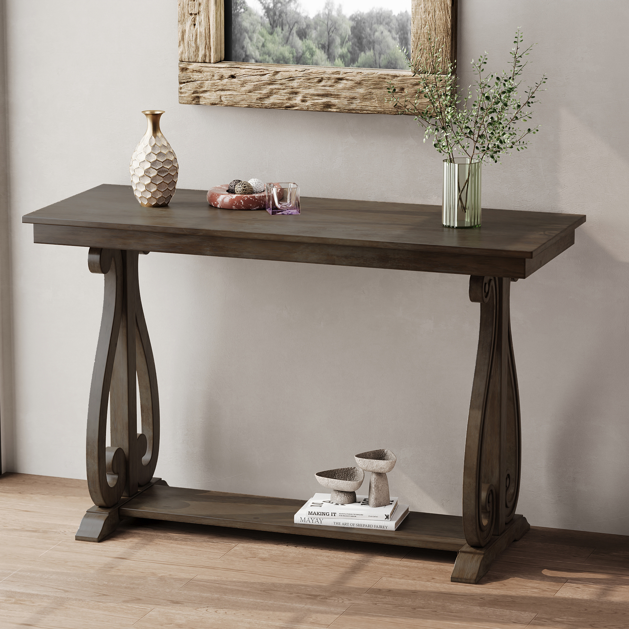 TREXM 48-Inch Rustic Vintage Console Table --- Farmhouse Style Entryway Table with Open Shelf and Sturdy Construction for Entryway and Living Room (Walnut)