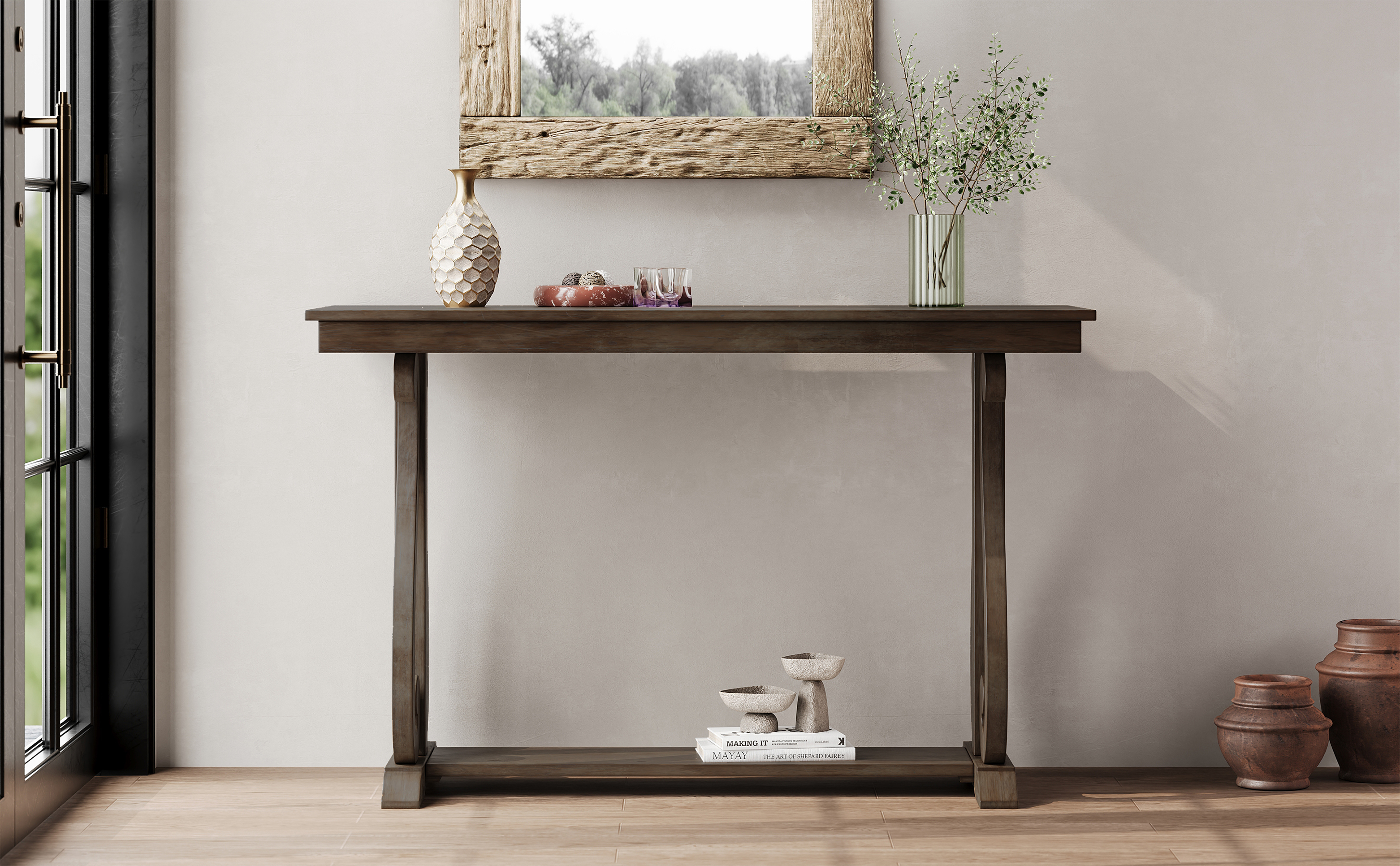 TREXM 48-Inch Rustic Vintage Console Table --- Farmhouse Style Entryway Table with Open Shelf and Sturdy Construction for Entryway and Living Room (Walnut)