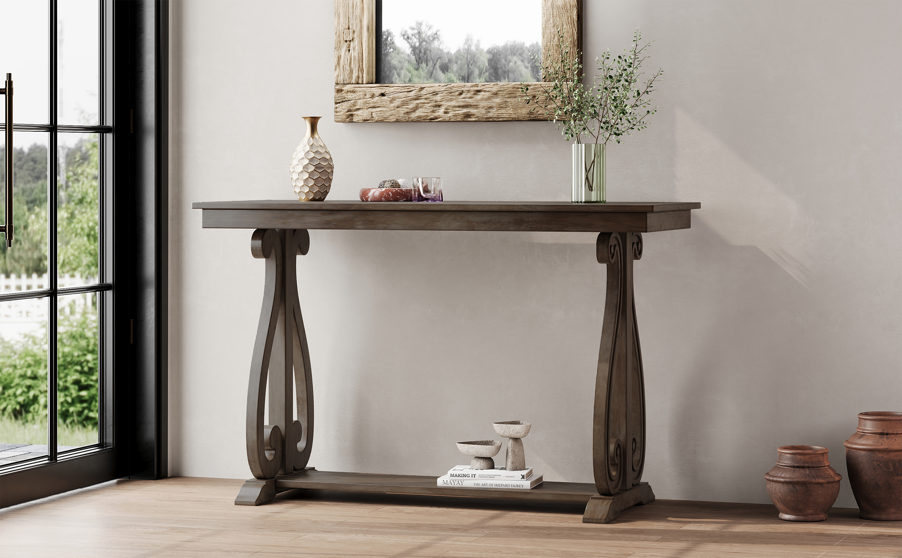 TREXM 48-Inch Rustic Vintage Console Table --- Farmhouse Style Entryway Table with Open Shelf and Sturdy Construction for Entryway and Living Room (Walnut)