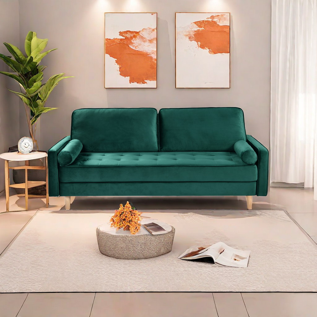 Sofa Simple Small House Double Three Person Straight Row American Retro Green Velvet Furniture Fabric Sofa Small Living Room Bedroom Office