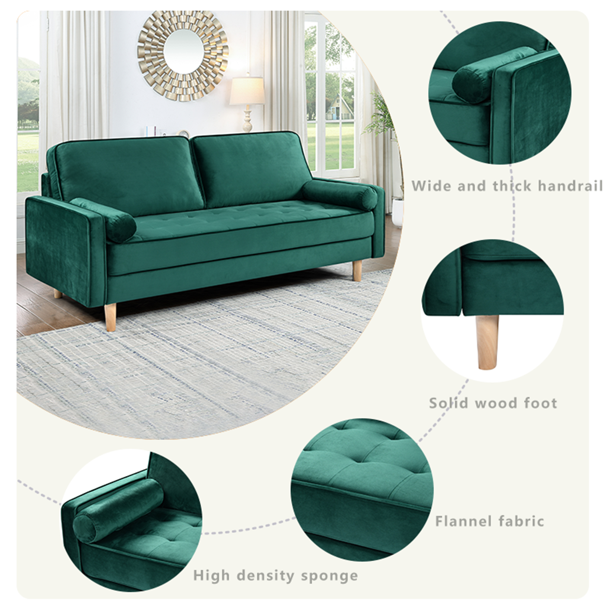 Sofa Simple Small House Double Three Person Straight Row American Retro Green Velvet Furniture Fabric Sofa Small Living Room Bedroom Office