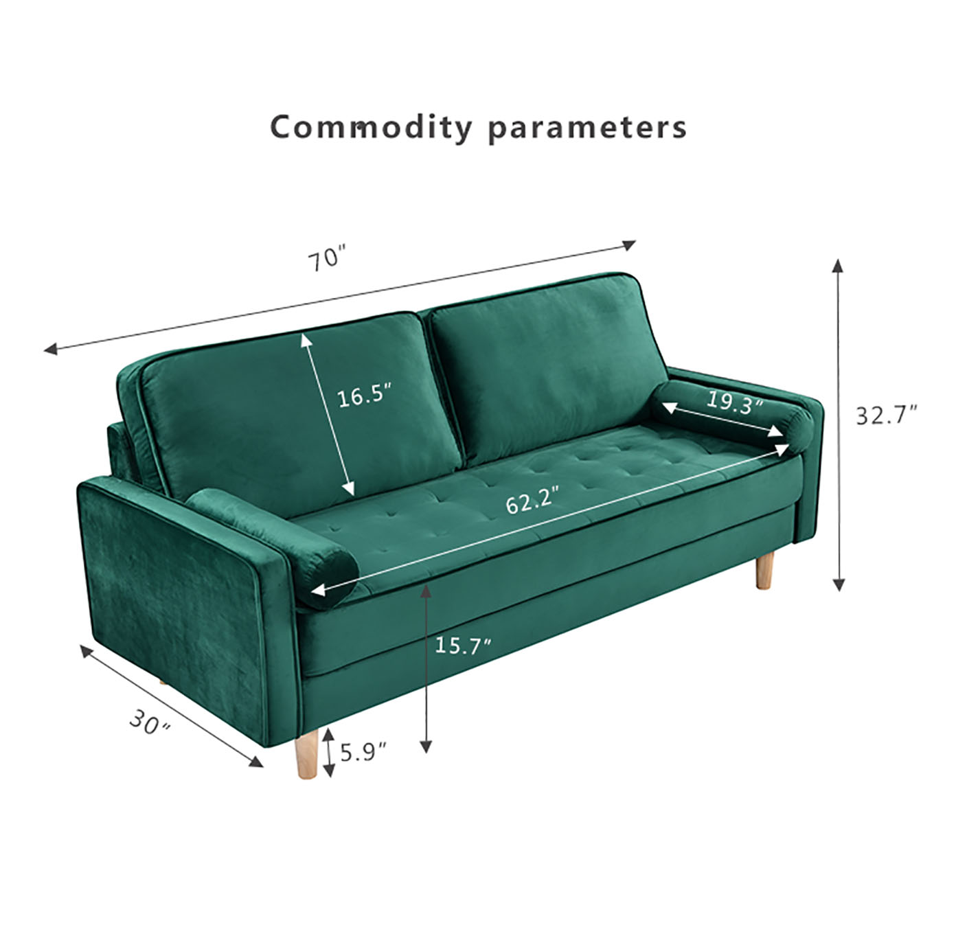 Sofa Simple Small House Double Three Person Straight Row American Retro Green Velvet Furniture Fabric Sofa Small Living Room Bedroom Office