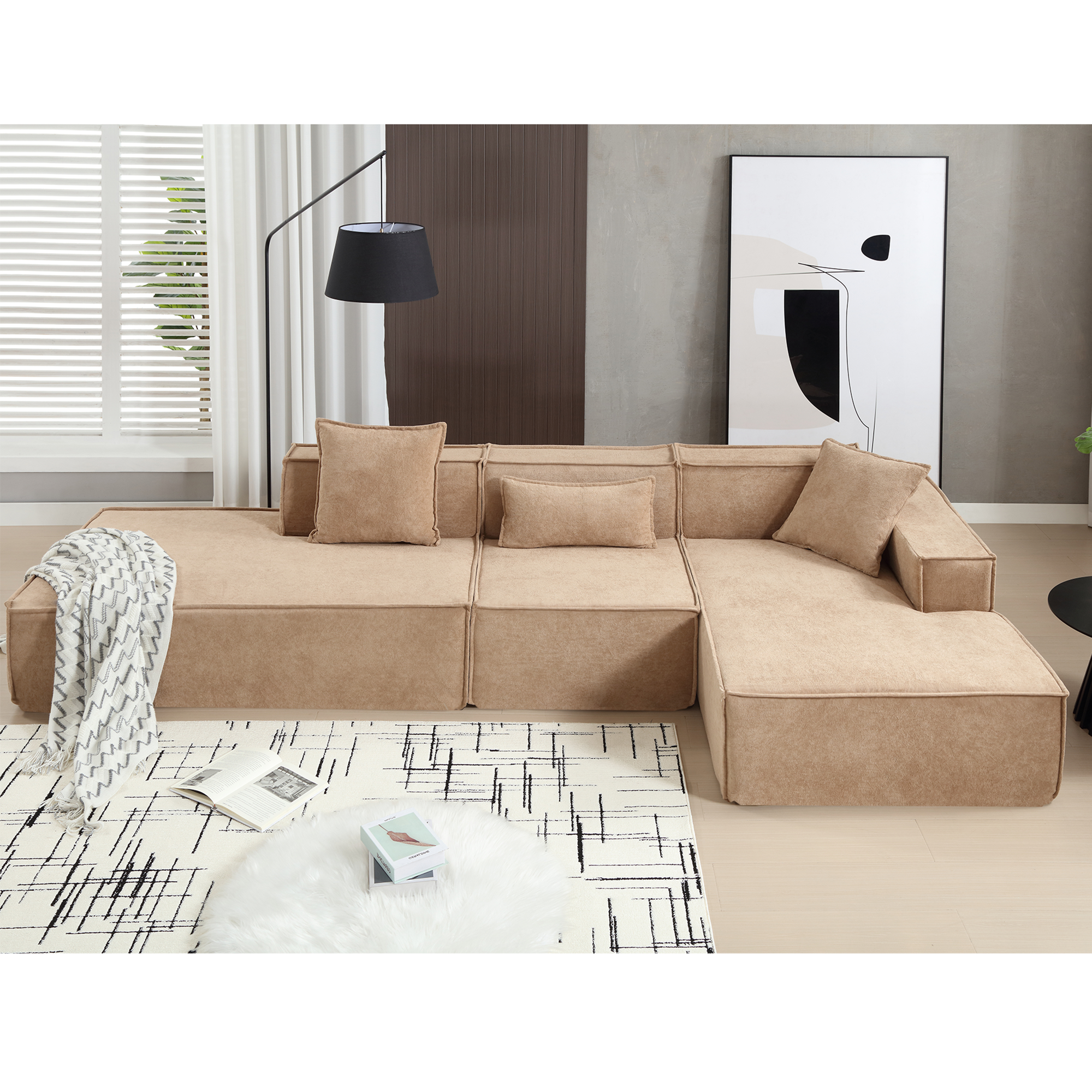 [VIDEO PROVIDED] Modular combination living room sofa set, modern minimalist sofa, free installation sofa, L-shaped, Italian minimalist tofu block sofa,  Right-Hand Facing,Light Brown