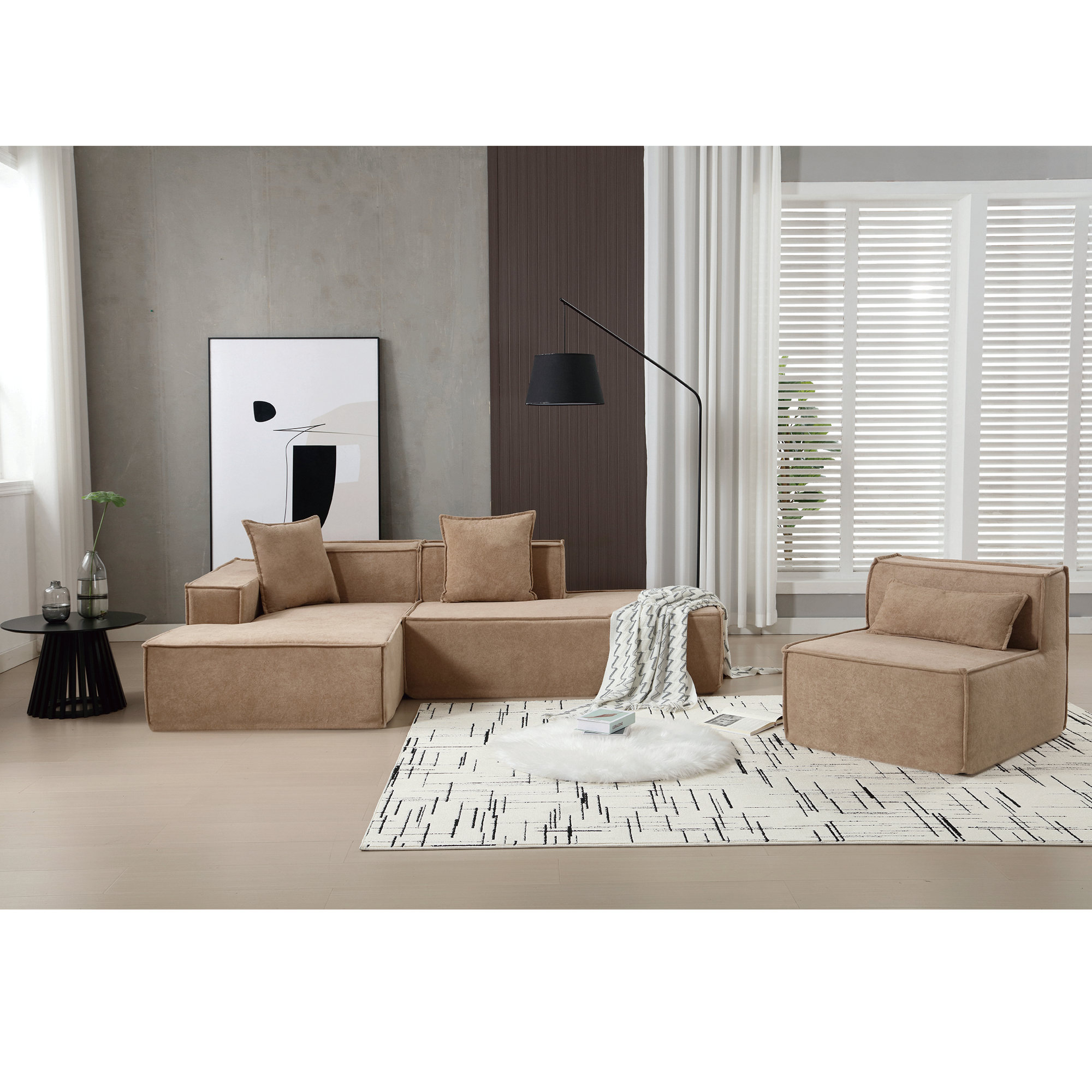 [VIDEO PROVIDED] Modular combination living room sofa set, modern minimalist sofa, free installation sofa, L-shaped, Italian minimalist tofu block sofa, Left-Hand Facing, Light Brown