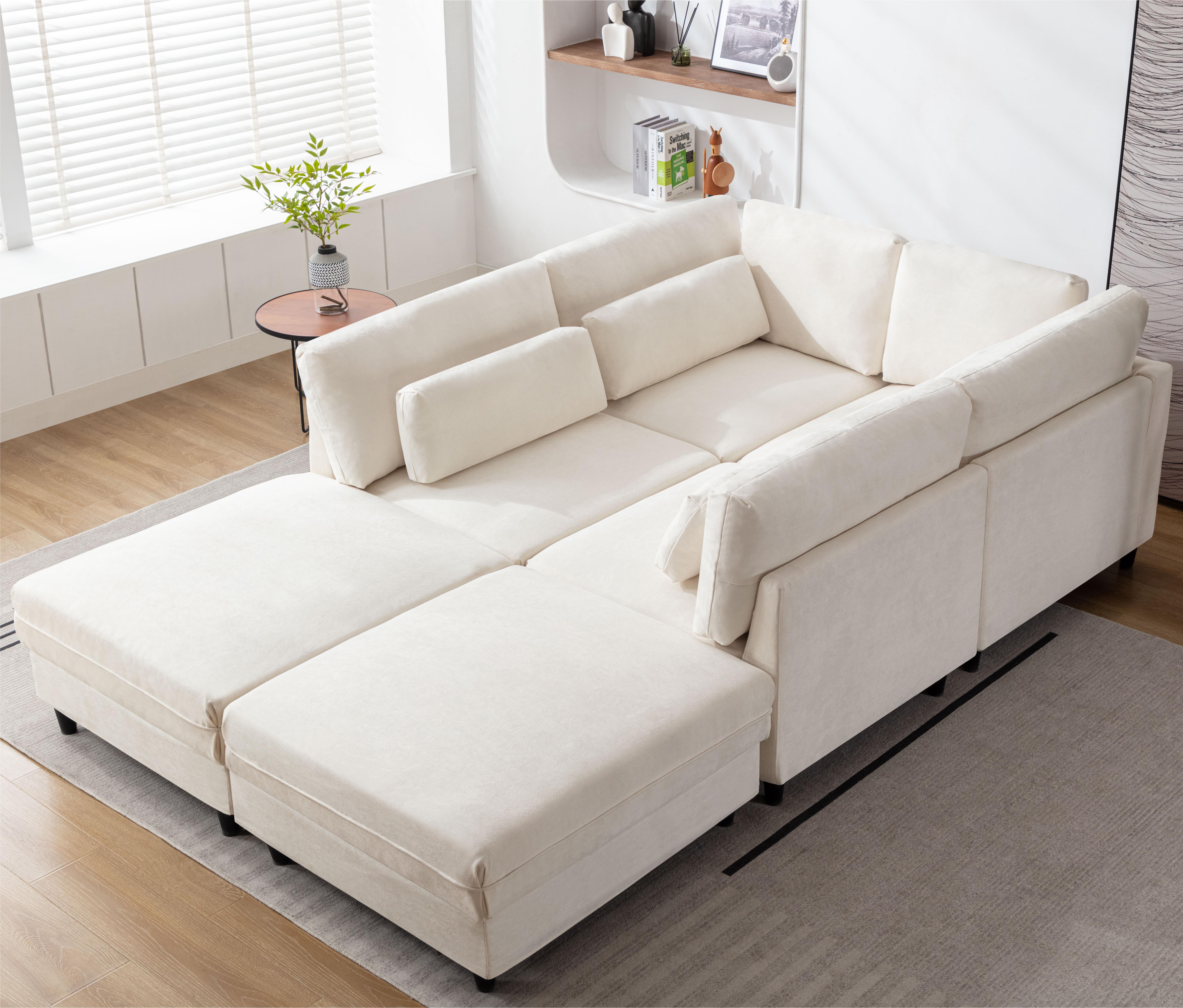 Oversized Modular Sectional Fabric Sofa Set with Waist Pillows, Extra Large U Shaped Couch with Reversible Chaise, 145 inch Long, 6 Seat Modular Sofa with  Ottamans